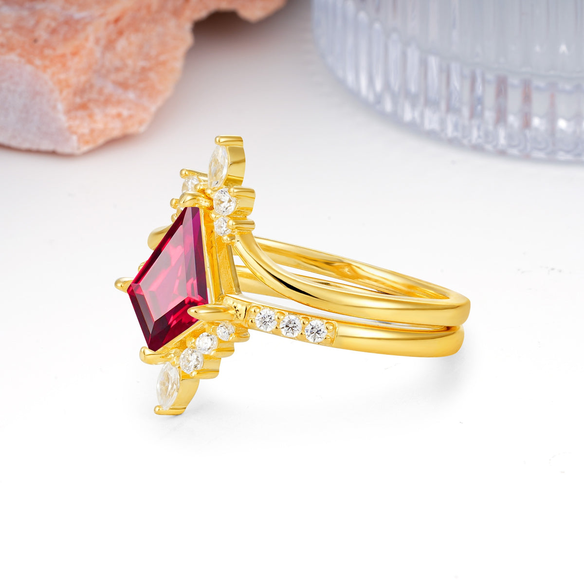 Luxurious Classic 4-Prong Kite Cut Ruby Bridal Ring Set - Additional view