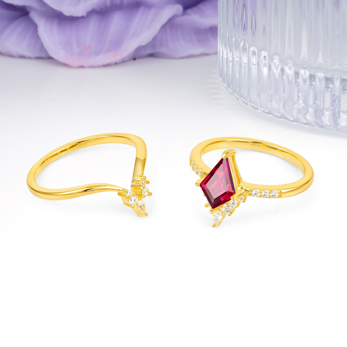 Luxurious Classic 4-Prong Kite Cut Ruby Bridal Ring Set - Additional view