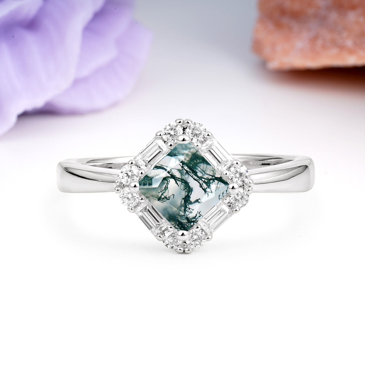 Classic Luxury 4-Prong Princess-Cut Moss Agate Engagement Ring - Additional view