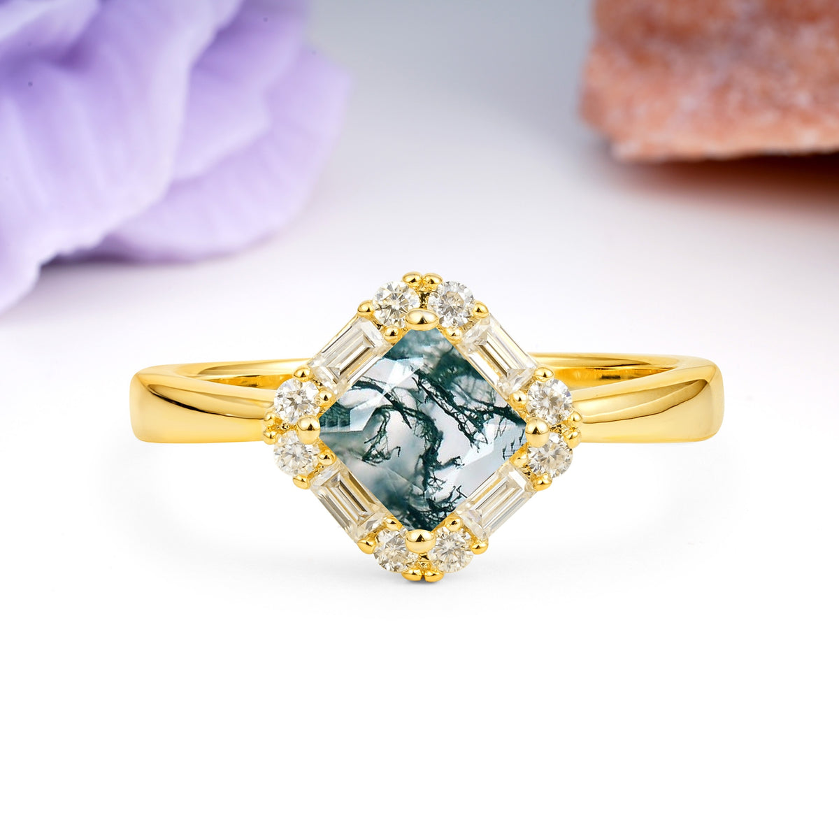 Classic Luxury 4-Prong Princess-Cut Moss Agate Engagement Ring - Additional view