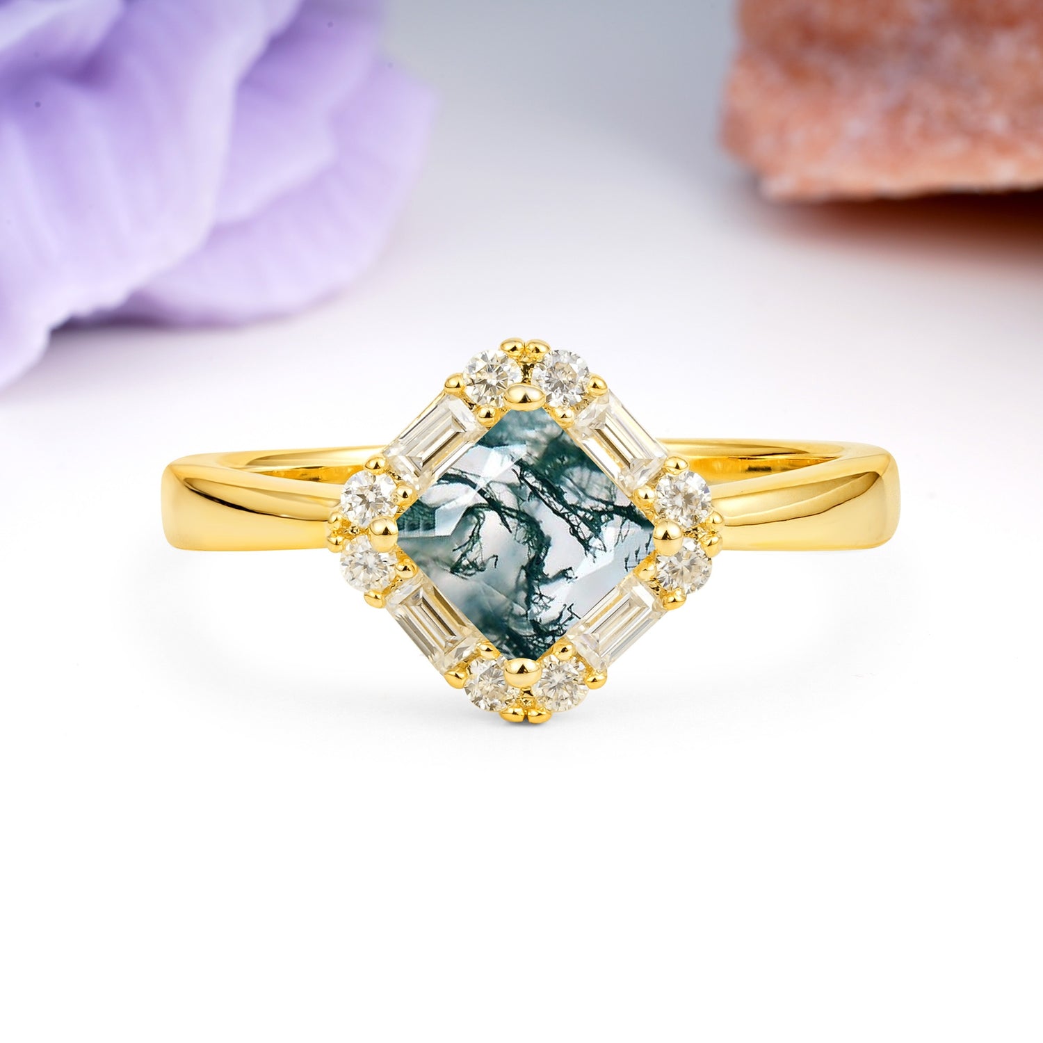 Classic Luxury 4-Prong Princess-Cut Moss Agate Engagement Ring - Additional view