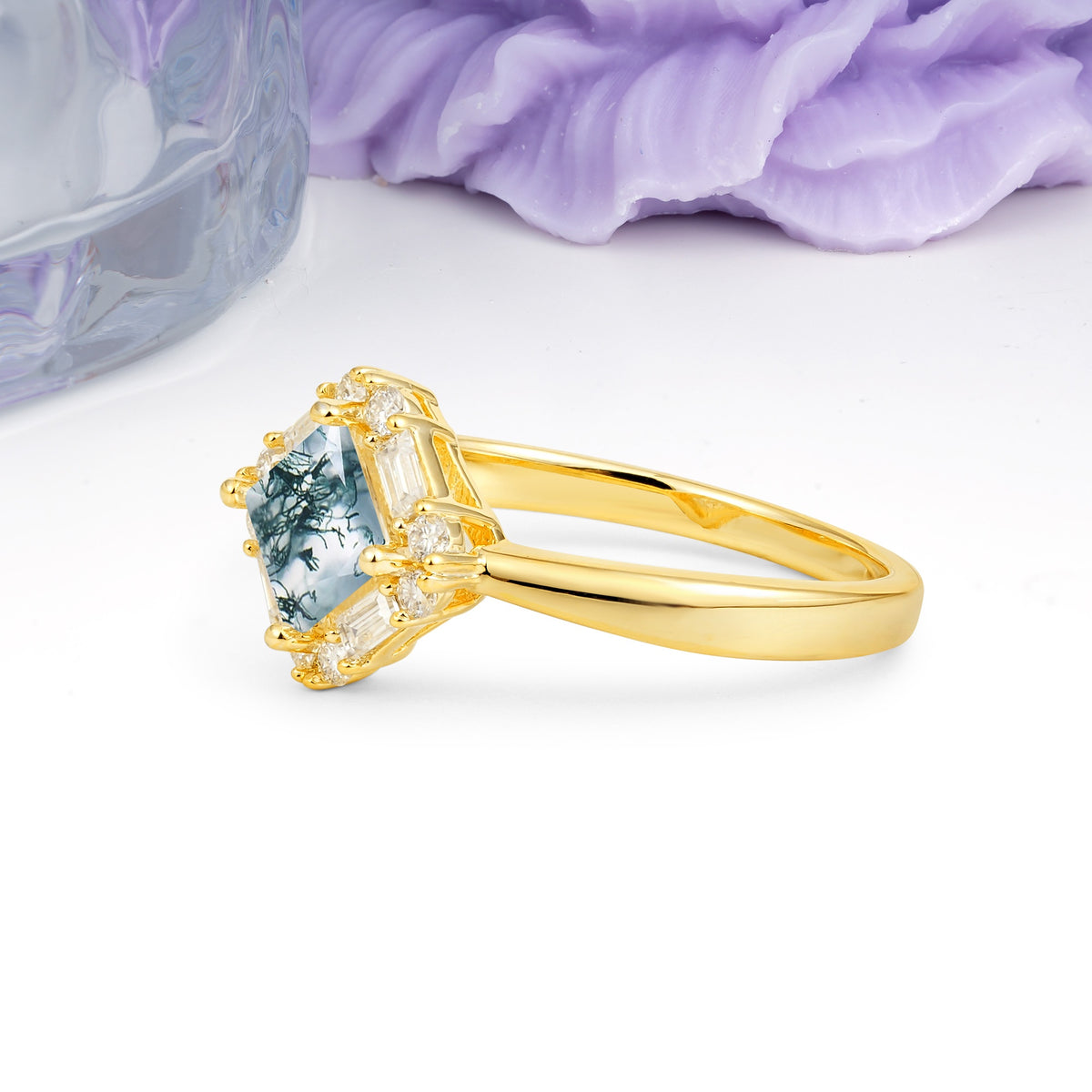 Classic Luxury 4-Prong Princess-Cut Moss Agate Engagement Ring - Additional view