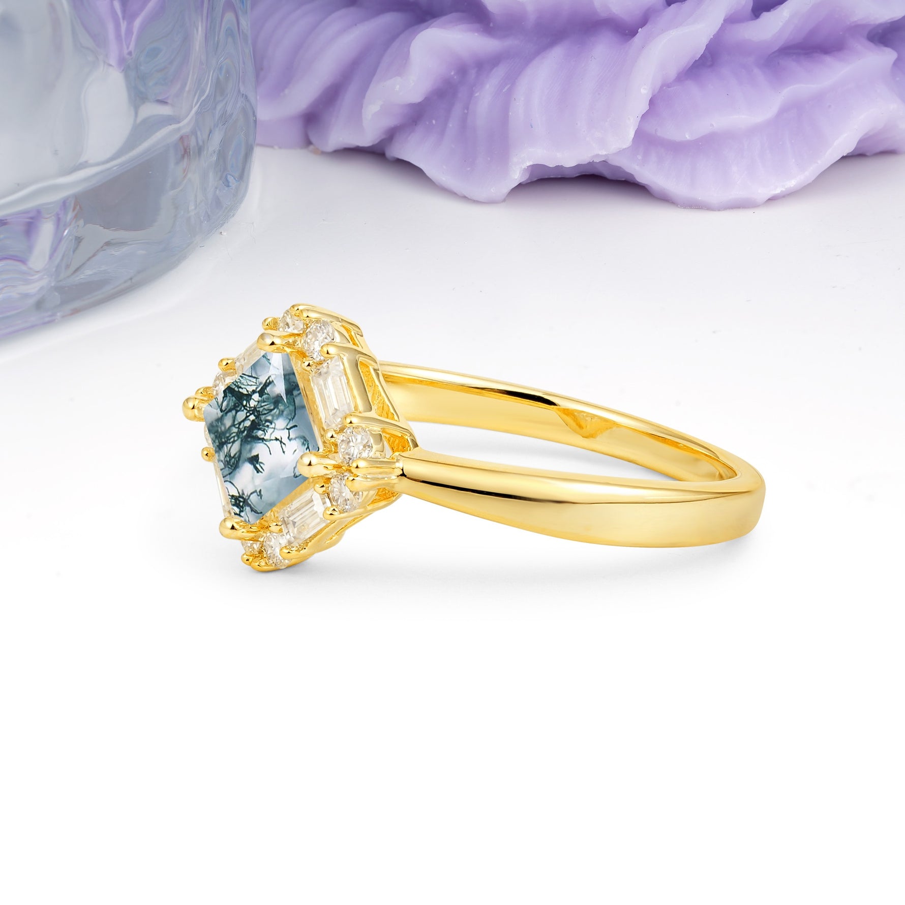 Classic Luxury 4-Prong Princess-Cut Moss Agate Engagement Ring - Additional view