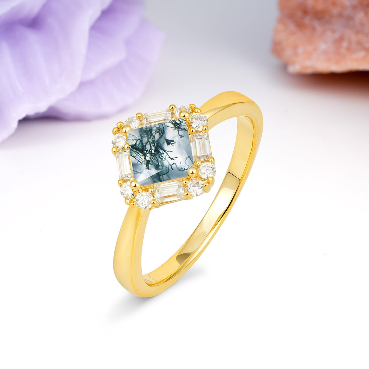 Classic Luxury 4-Prong Princess-Cut Moss Agate Engagement Ring - Additional view