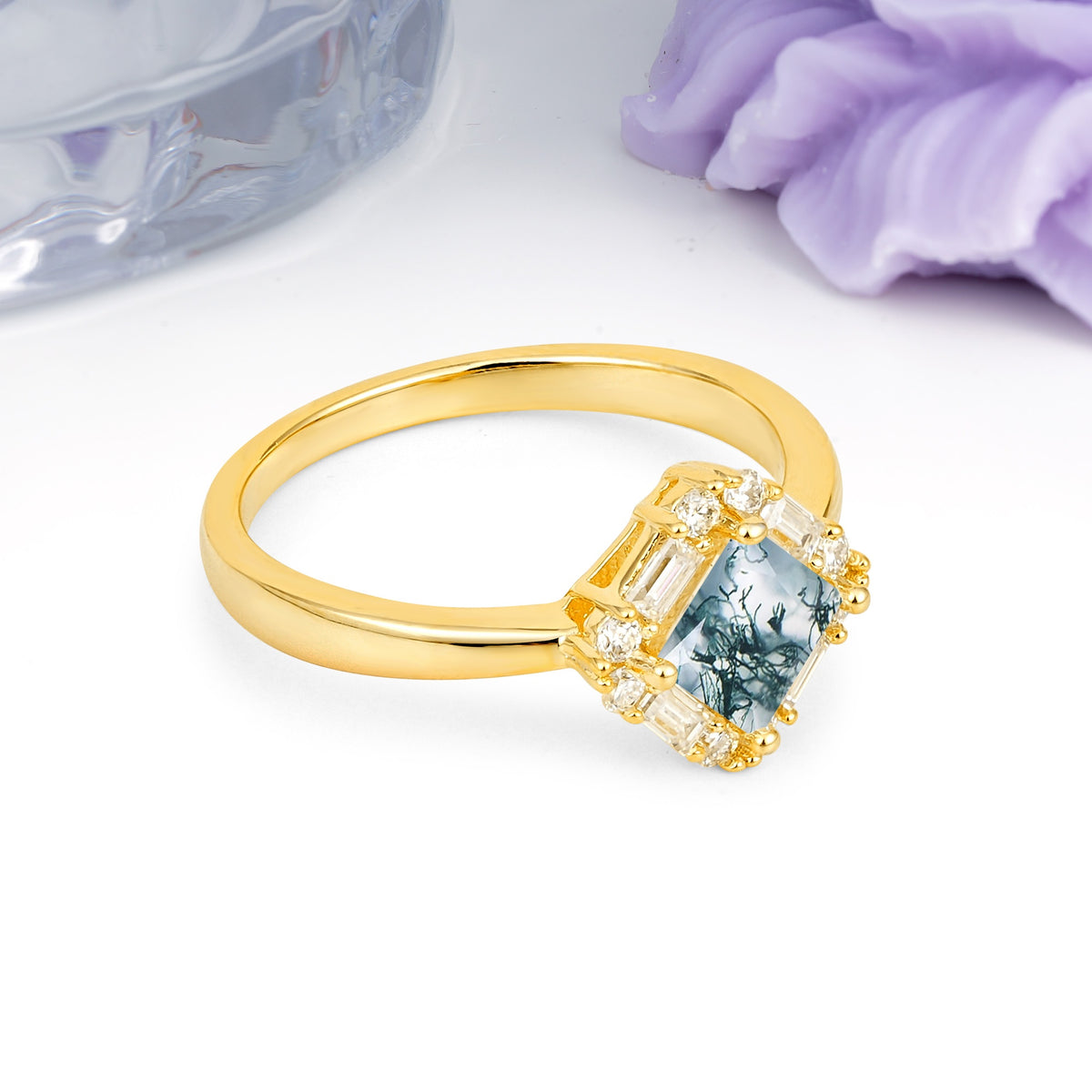 Classic Luxury 4-Prong Princess-Cut Moss Agate Engagement Ring - Additional view