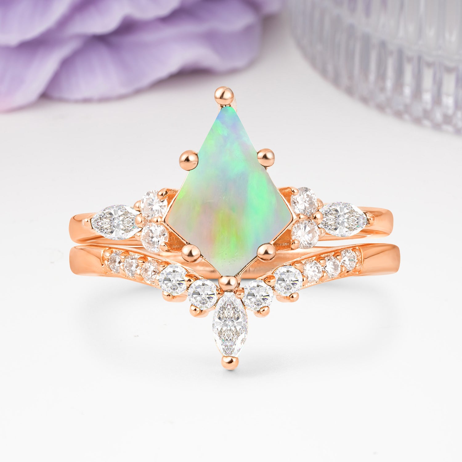 Luxurious 5-Prong Kite Cut Fire Opal Bridal Ring Set