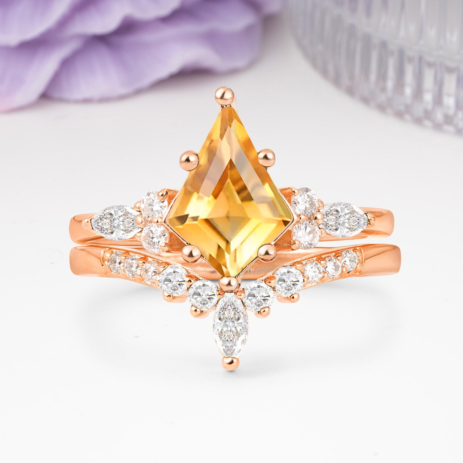 Luxurious 5-Prong Kite Cut Citrine Bridal Ring Set