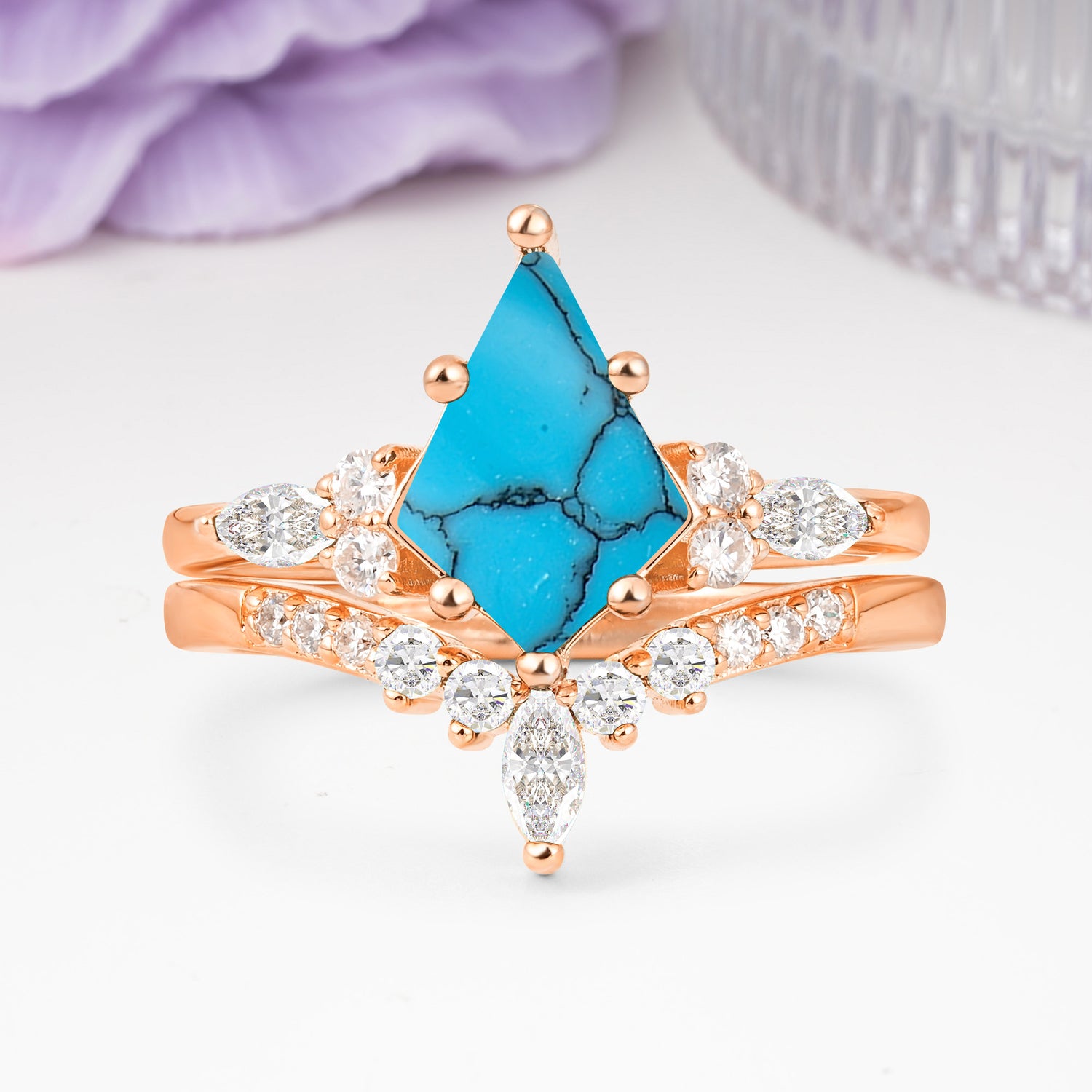 Luxurious 5-Prong Kite Cut Turquoise Bridal Ring Set
