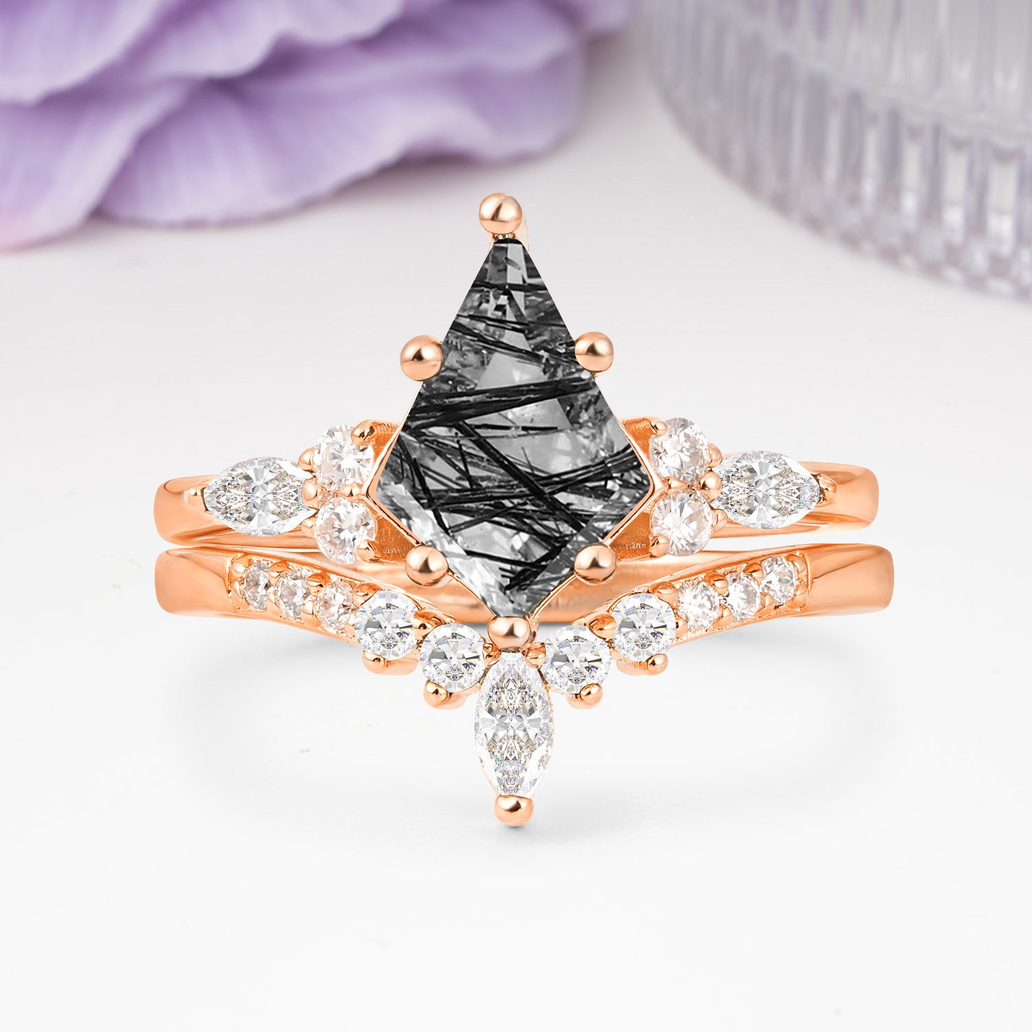 Luxurious 5-Prong Kite Cut Black Rutilated Quartz Bridal Ring Set