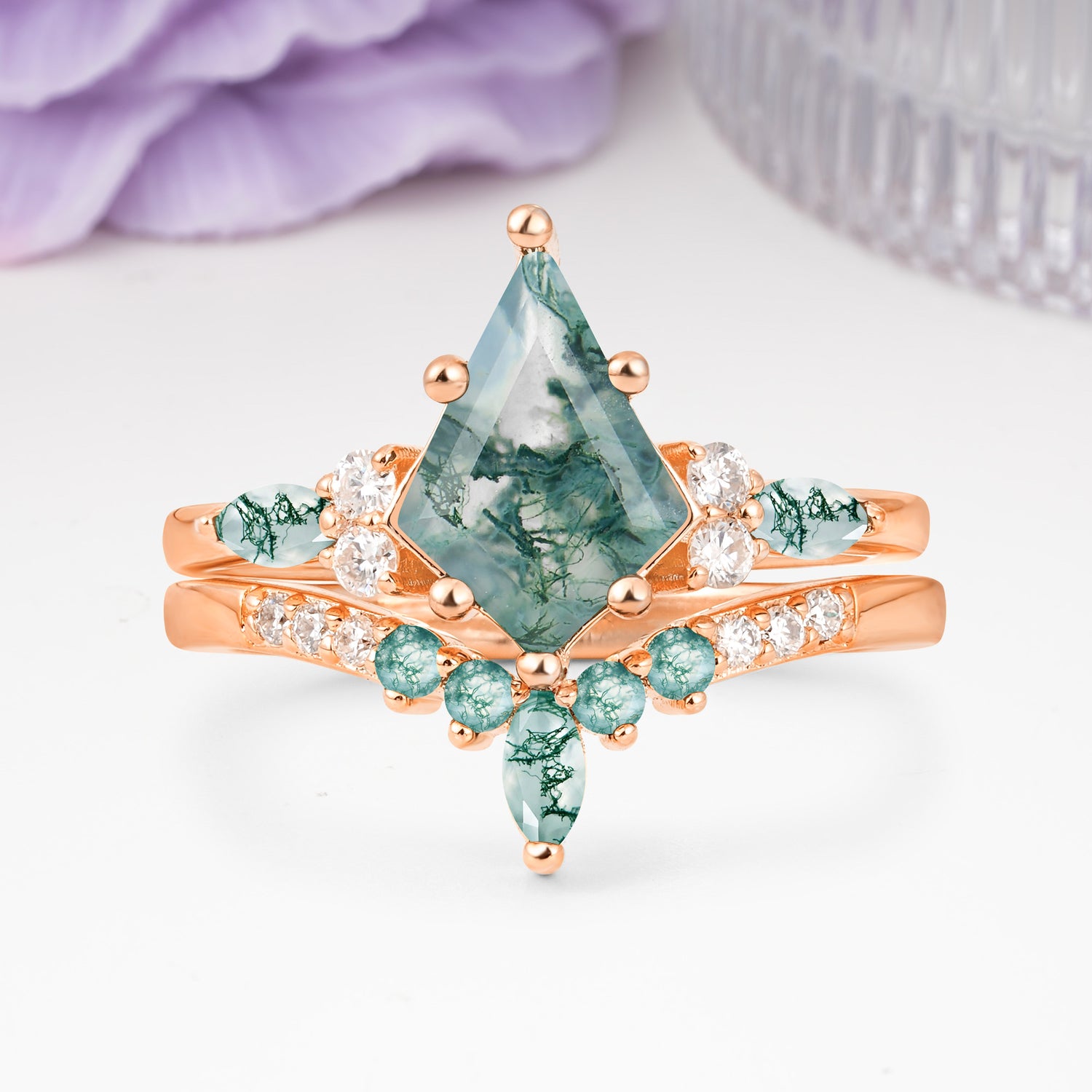 Luxurious 5-Prong Kite Cut Moss Agate Bridal Ring Set