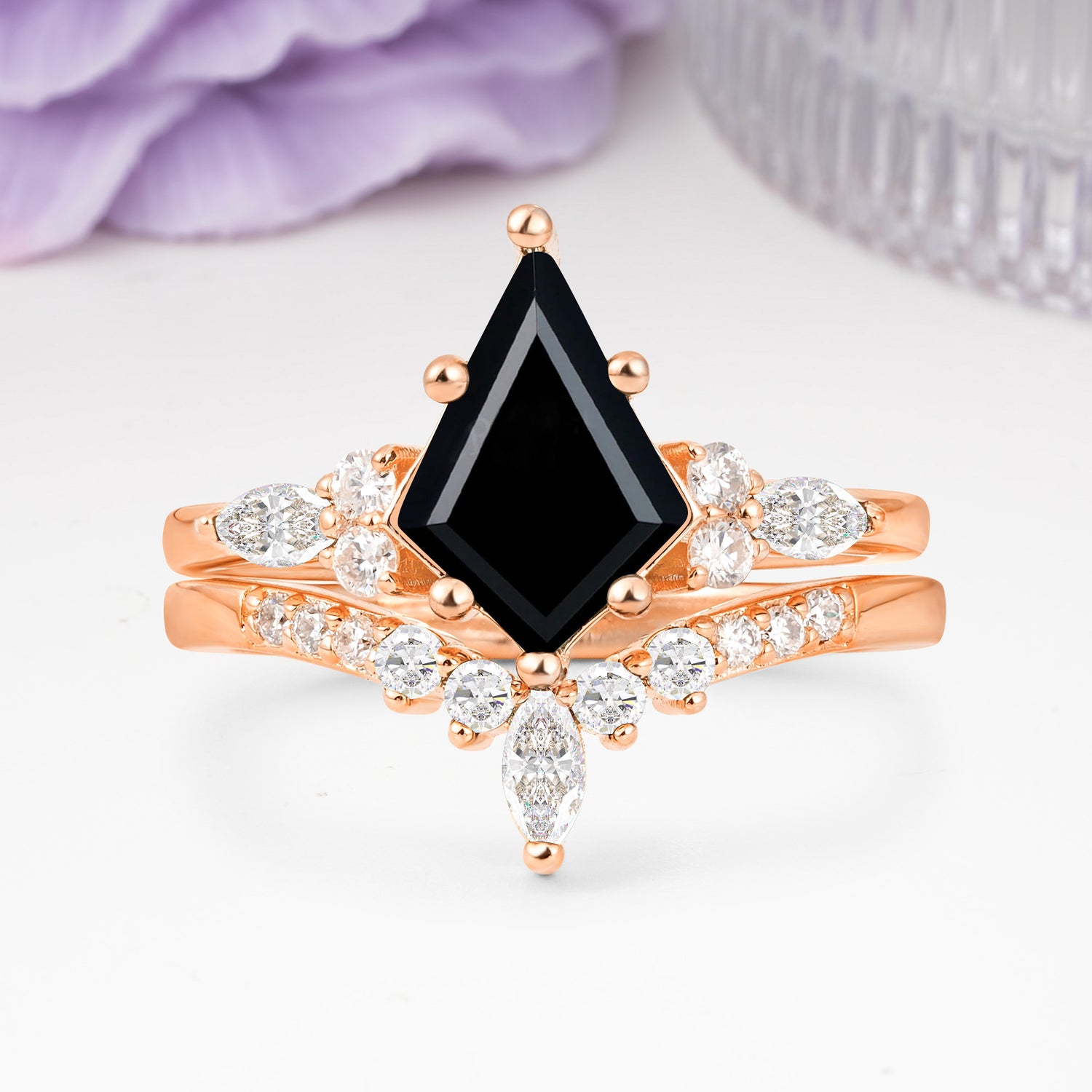 Luxurious 5-Prong Kite Cut Black Onyx Bridal Ring Set