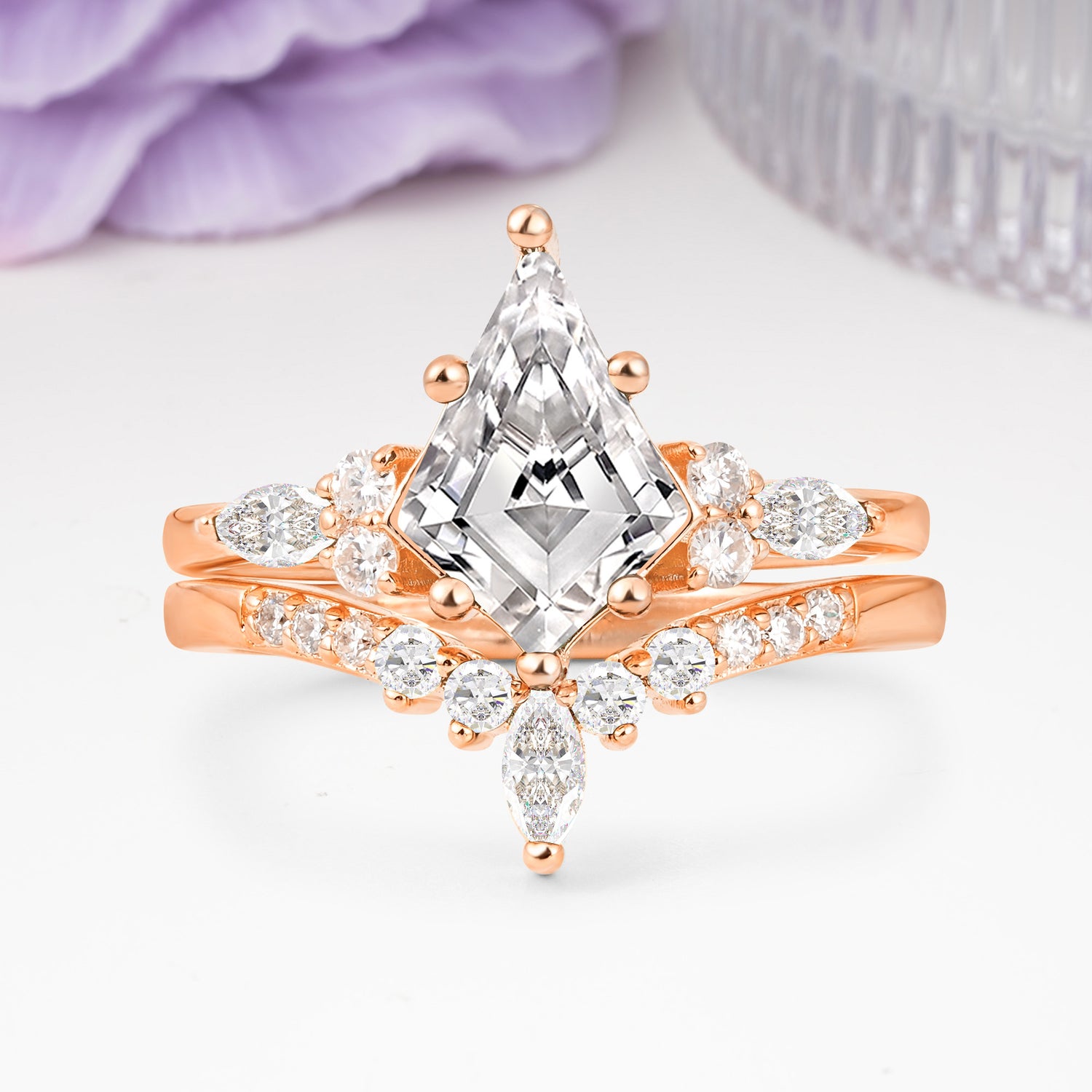 Luxurious 5-Prong Kite Cut Lab Diamond Bridal Ring Set