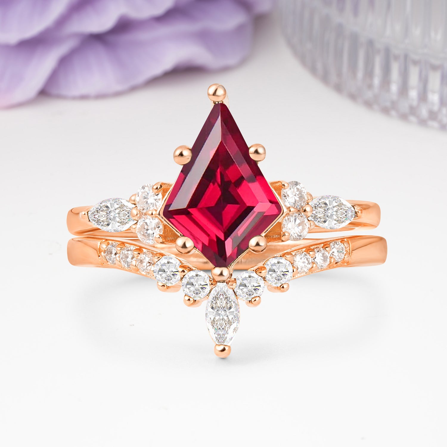 Luxurious 5-Prong Kite Cut Ruby Bridal Ring Set