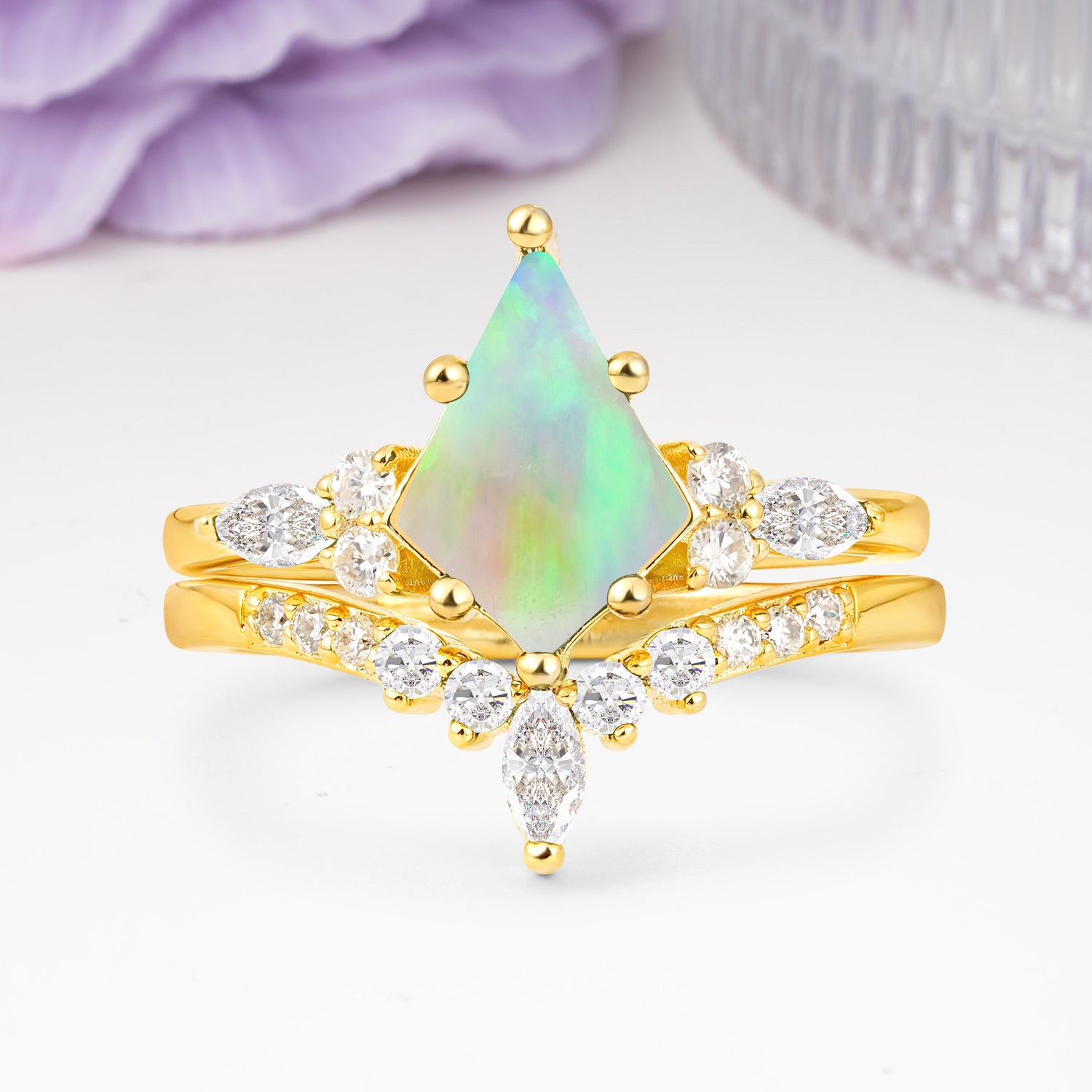 Luxurious 5-Prong Kite Cut Fire Opal Bridal Ring Set