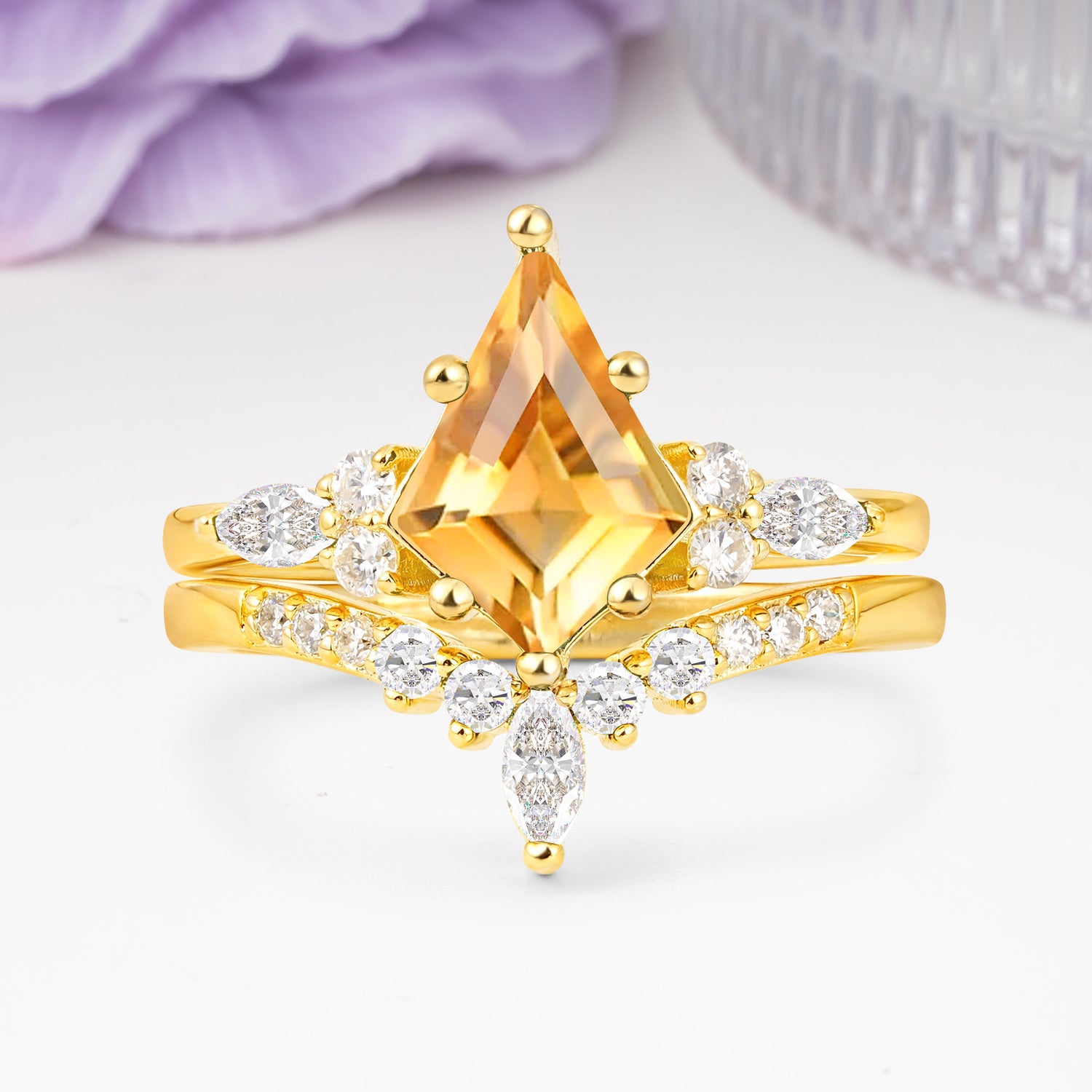 Luxurious 5-Prong Kite Cut Citrine Bridal Ring Set