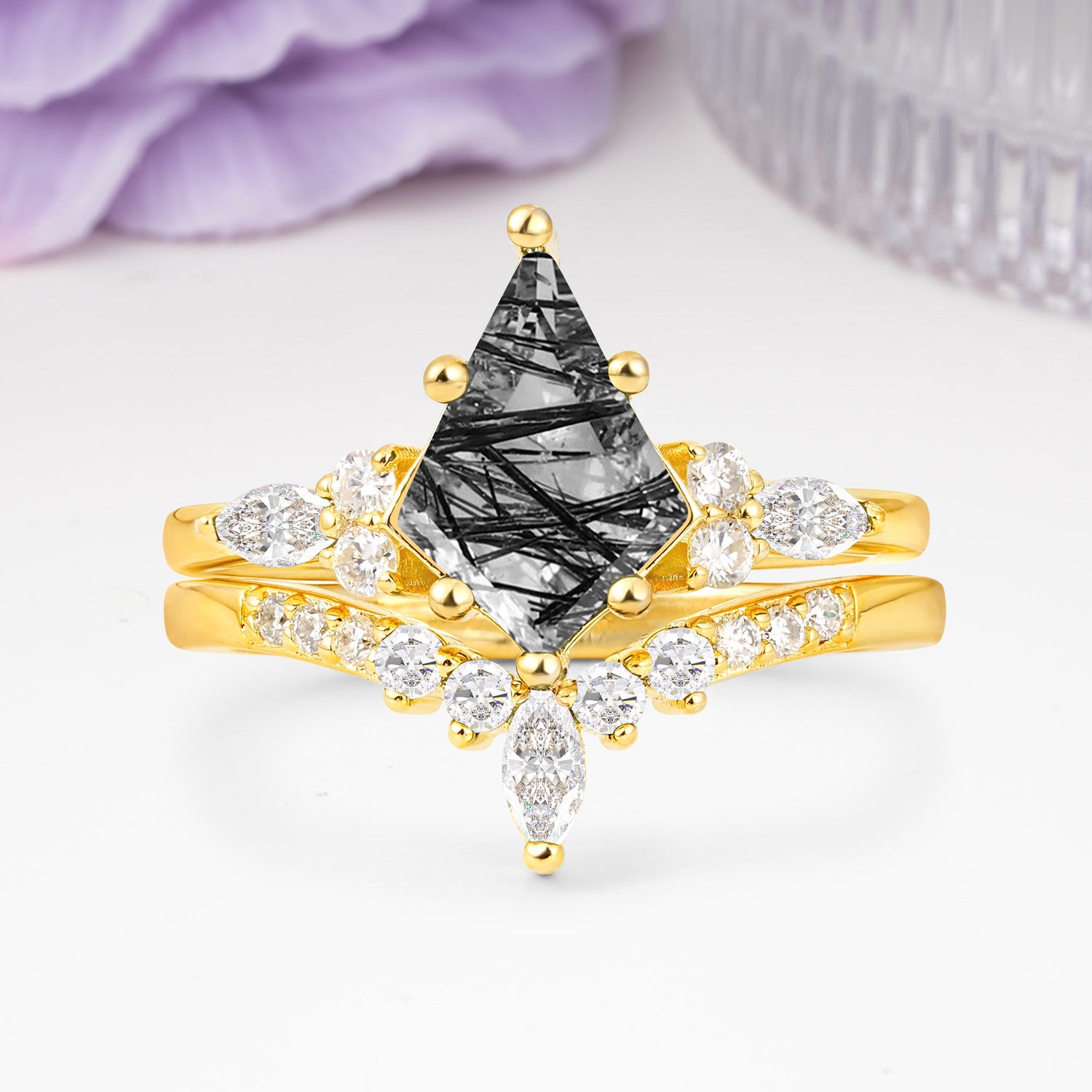 Luxurious 5-Prong Kite Cut Black Rutilated Quartz Bridal Ring Set