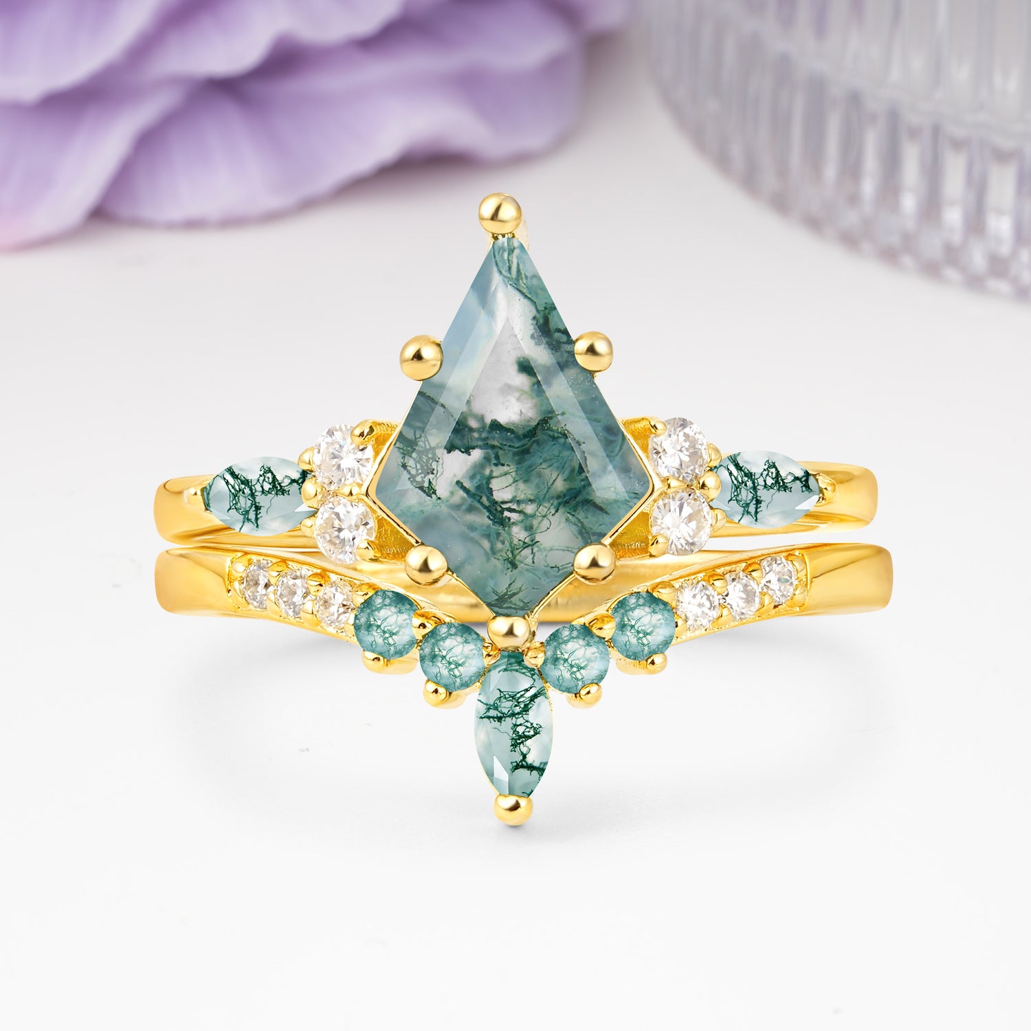Luxurious 5-Prong Kite Cut Moss Agate Bridal Ring Set
