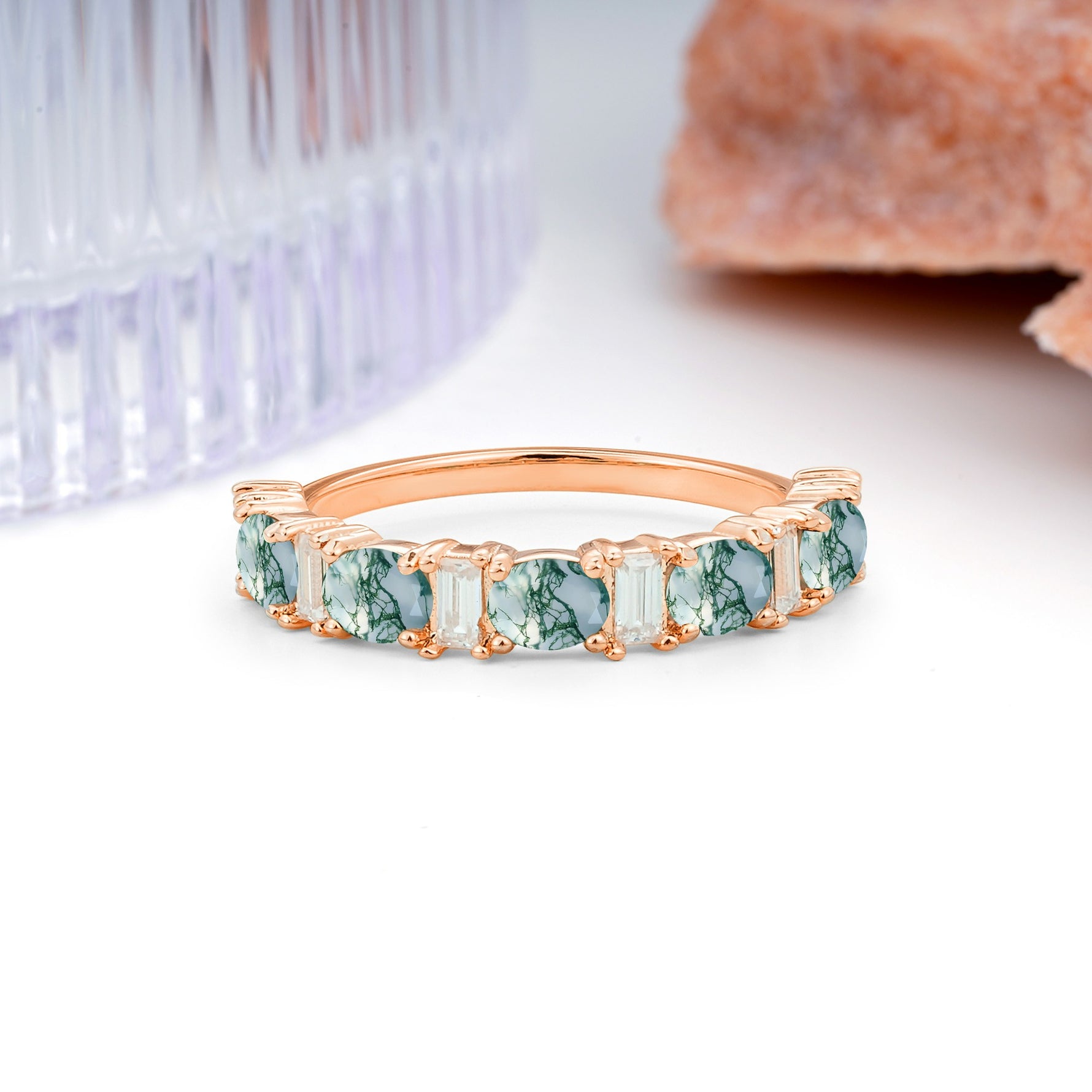 Alternating Round Cut Moss Agate Half‑Eternity Stackable Wedding Ring - Additional view