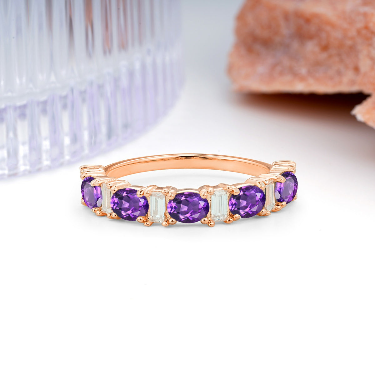 Alternating Round Cut Amethyst Half‑Eternity Stackable Wedding Ring - Additional view