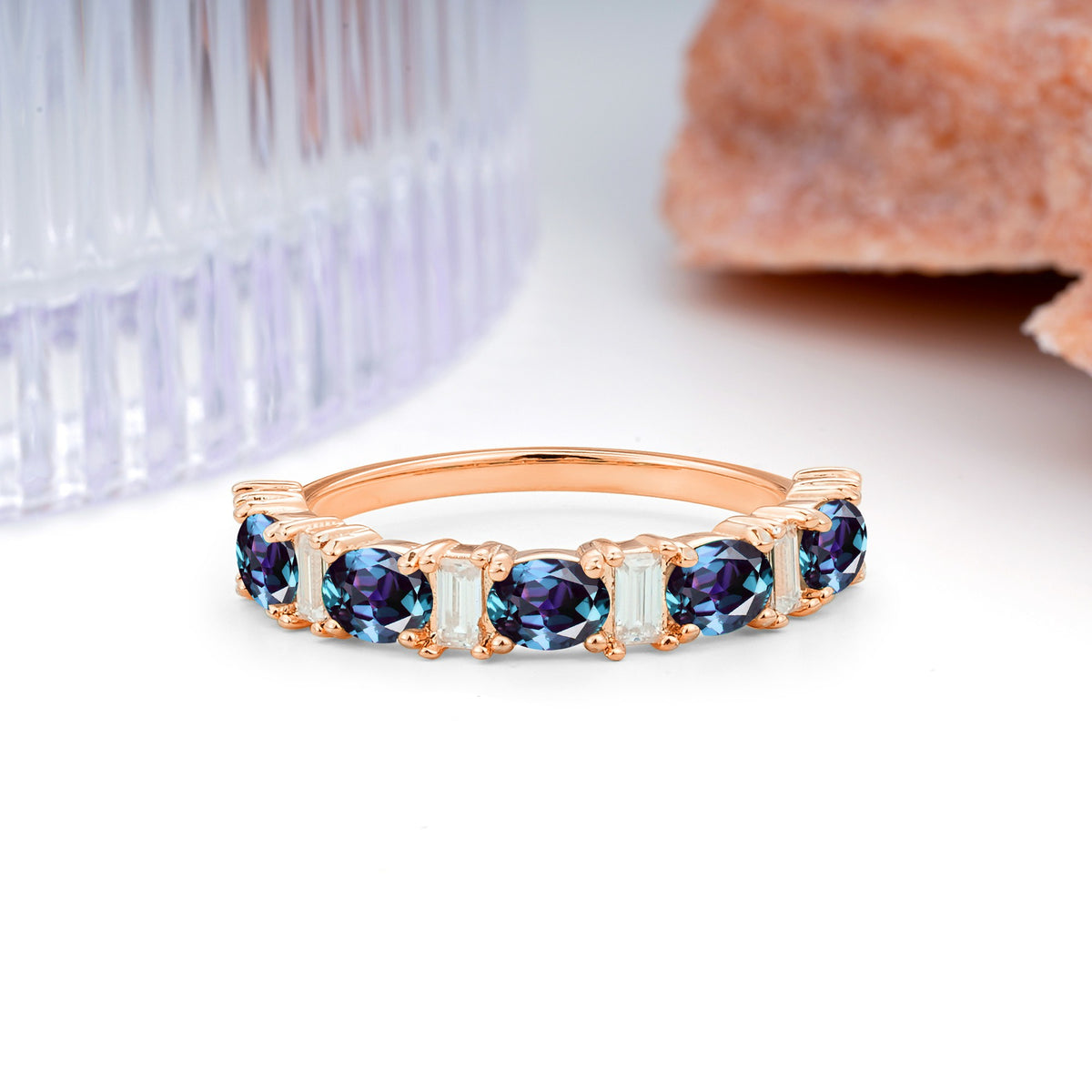 Alternating Round Cut Alexandrite Half‑Eternity Stackable Wedding Ring - Additional view