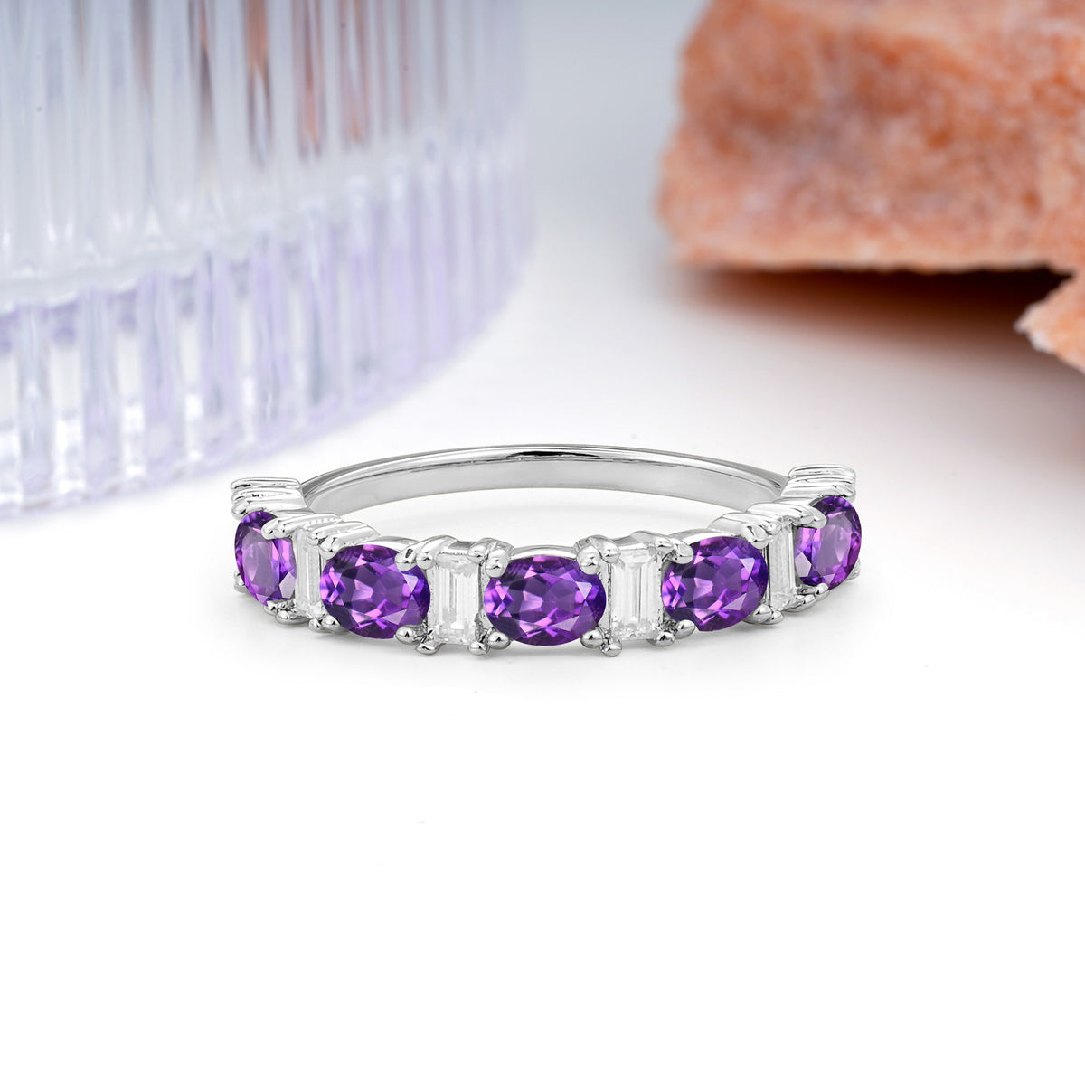 Alternating Round Cut Amethyst Half‑Eternity Stackable Wedding Ring - Additional view