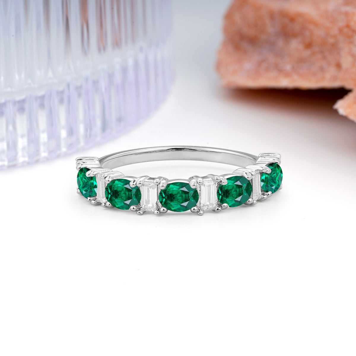 Alternating Round Cut Emerald Half‑Eternity Stackable Wedding Ring - Additional view