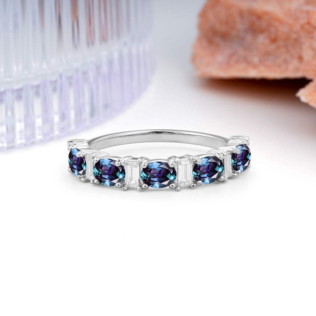 Alternating Round Cut Alexandrite Half‑Eternity Stackable Wedding Ring - Additional view