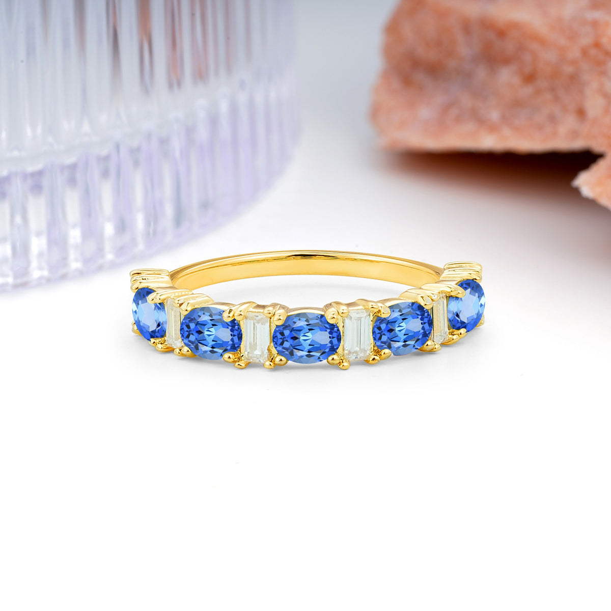 Alternating Round Cut Sapphire Half‑Eternity Stackable Wedding Ring - Additional view