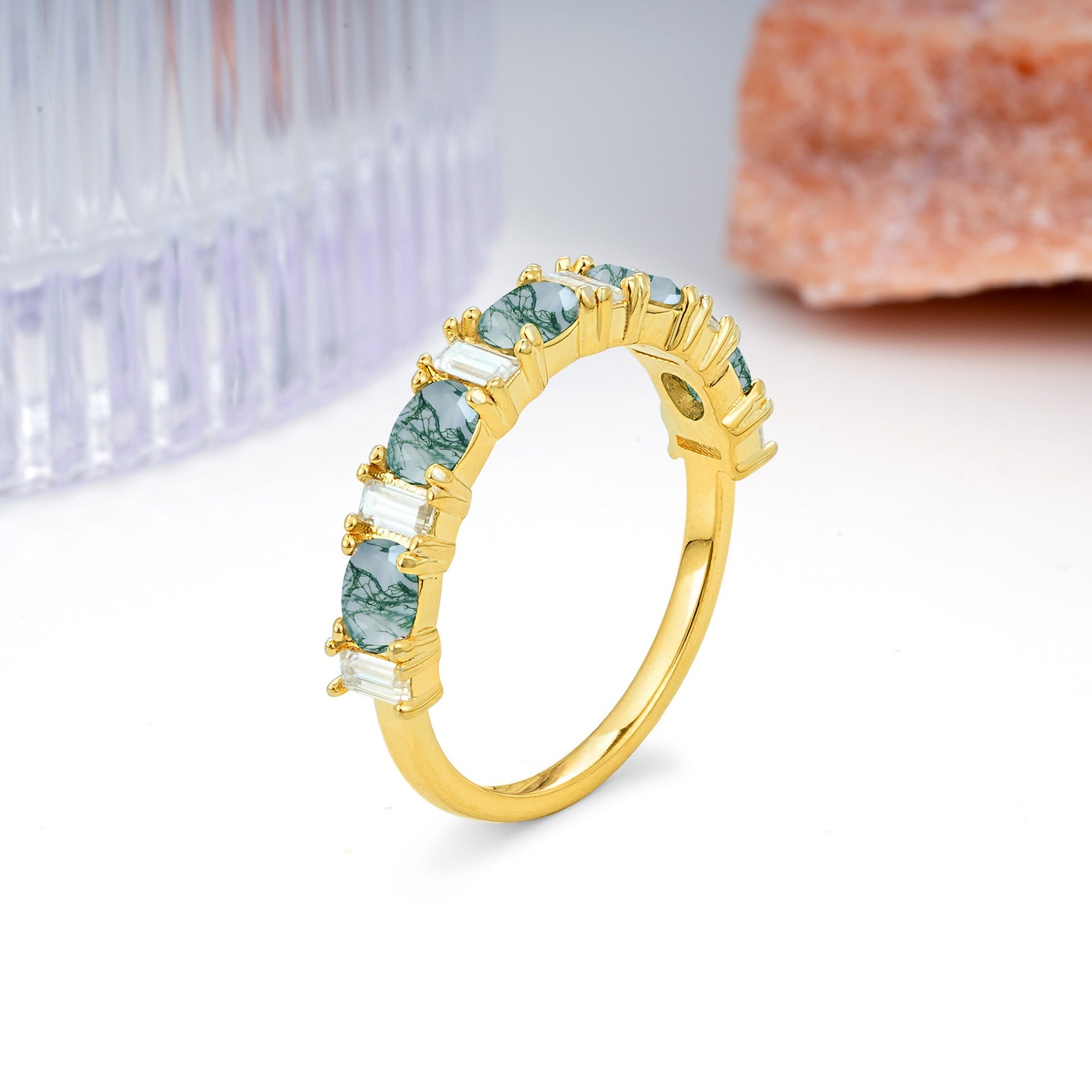Alternating Round Cut Moss Agate Half‑Eternity Stackable Wedding Ring - Additional view