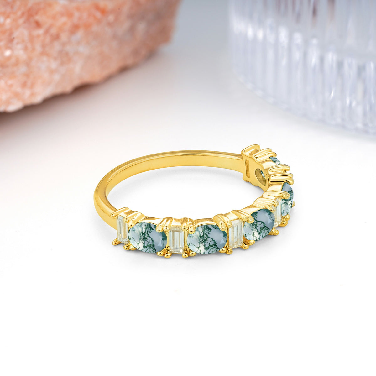 Alternating Round Cut Moss Agate Half‑Eternity Stackable Wedding Ring - Additional view