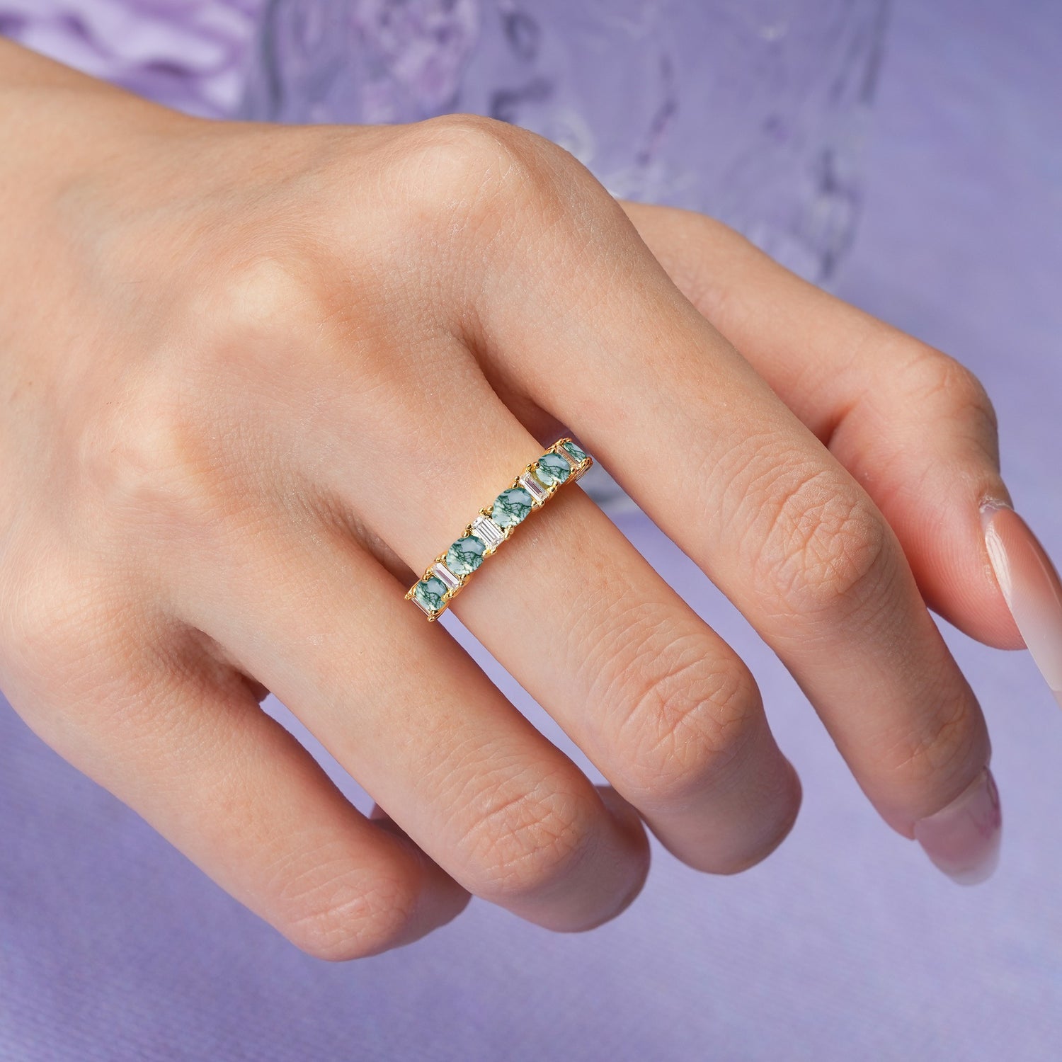Alternating Round Cut Moss Agate Half‑Eternity Stackable Wedding Ring - Additional view