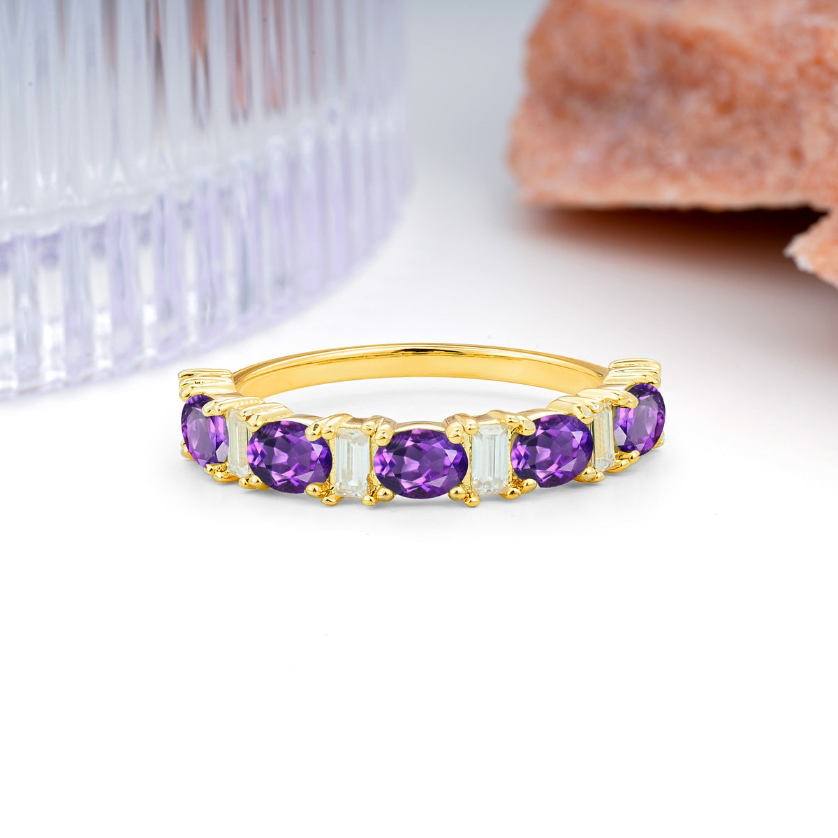 Alternating Round Cut Amethyst Half‑Eternity Stackable Wedding Ring - Additional view