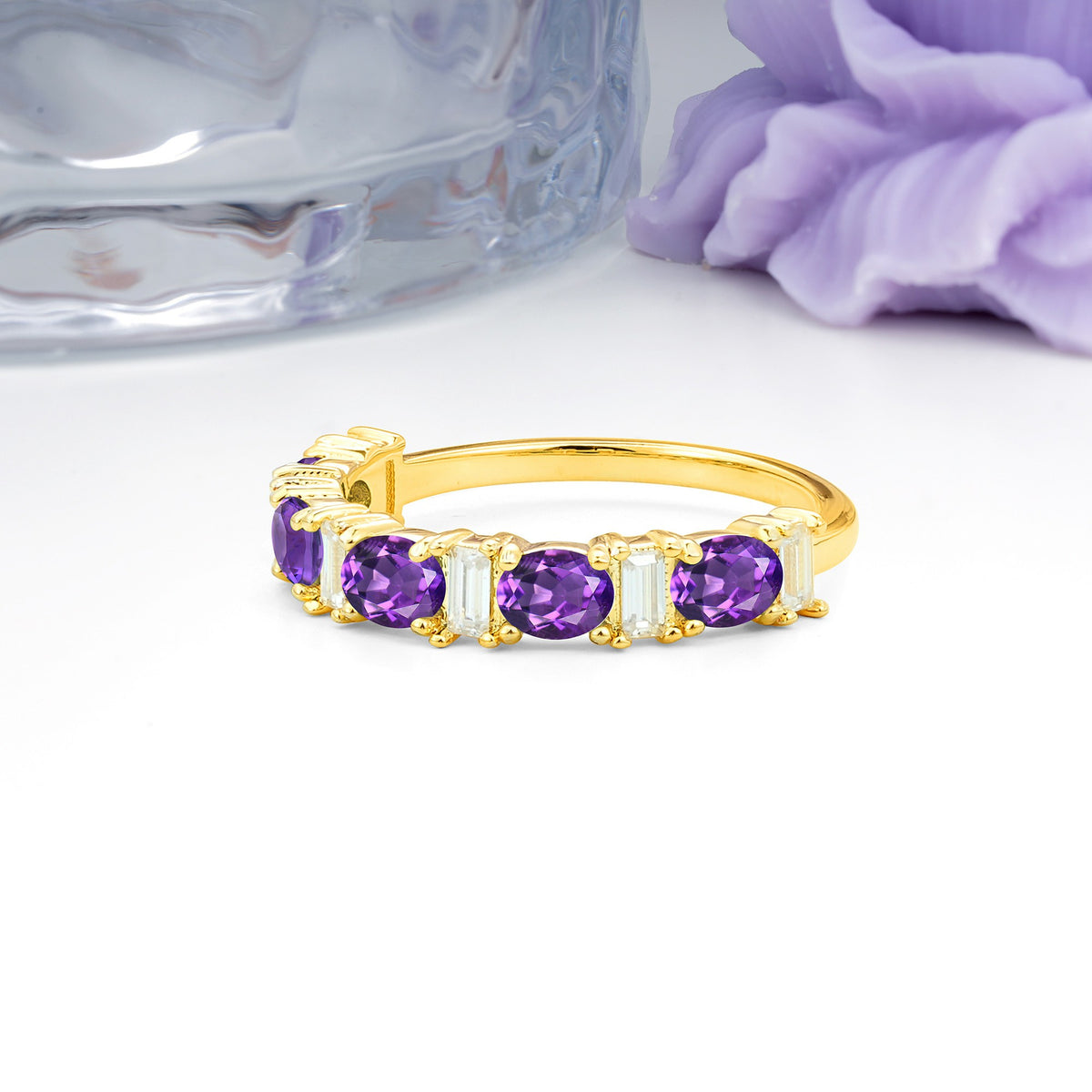Alternating Round Cut Amethyst Half‑Eternity Stackable Wedding Ring - Additional view