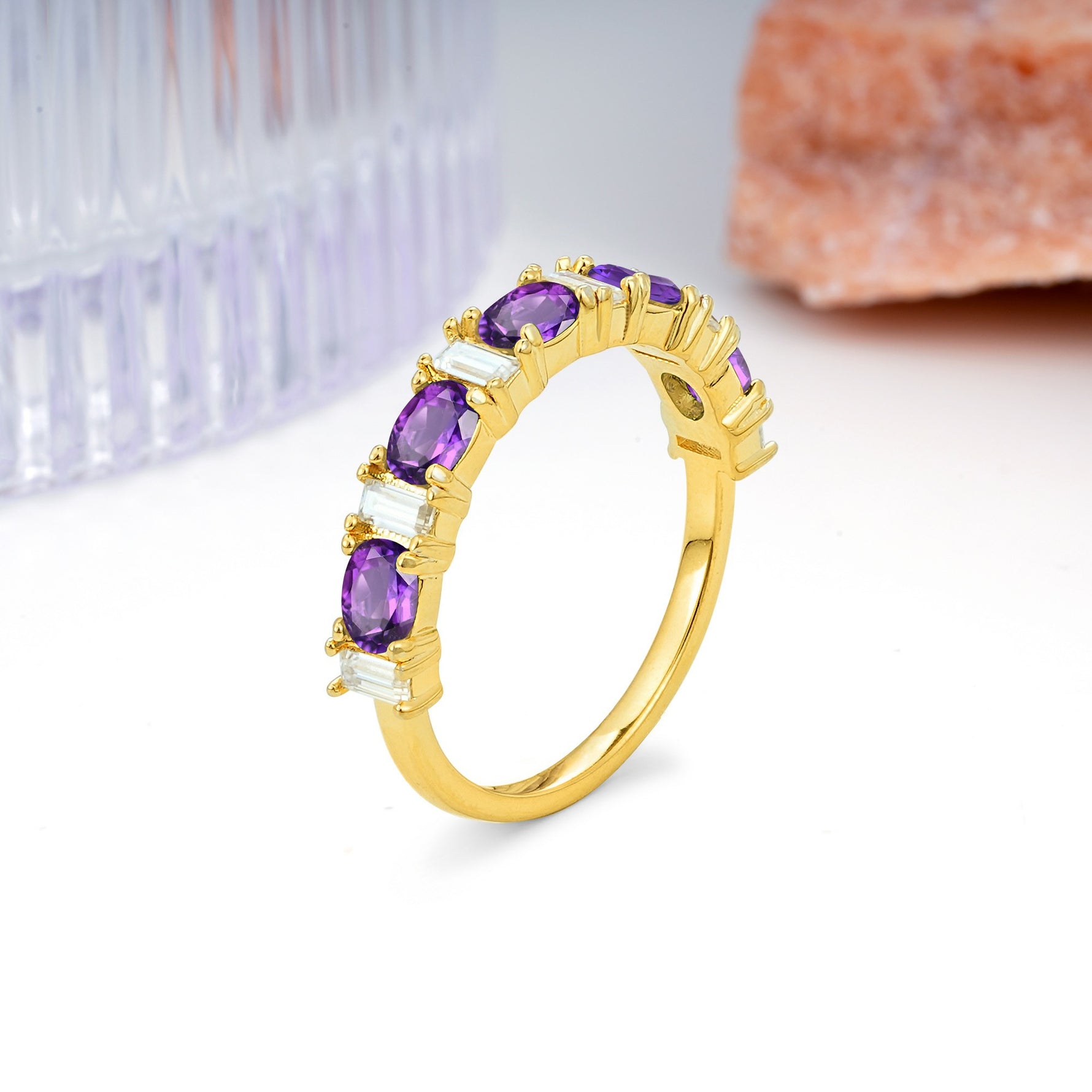 Alternating Round Cut Amethyst Half‑Eternity Stackable Wedding Ring - Additional view