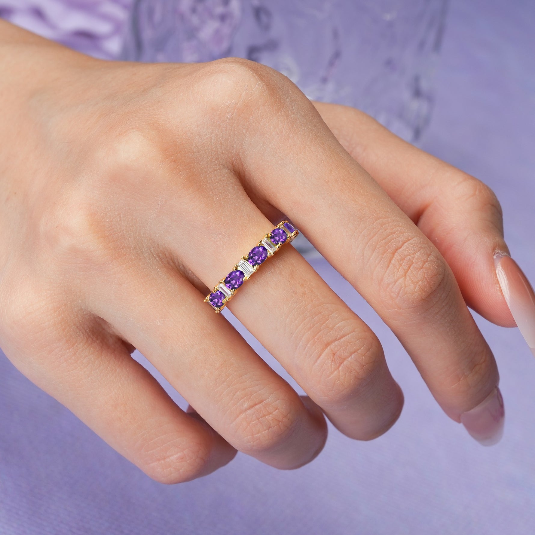 Alternating Round Cut Amethyst Half‑Eternity Stackable Wedding Ring - Additional view