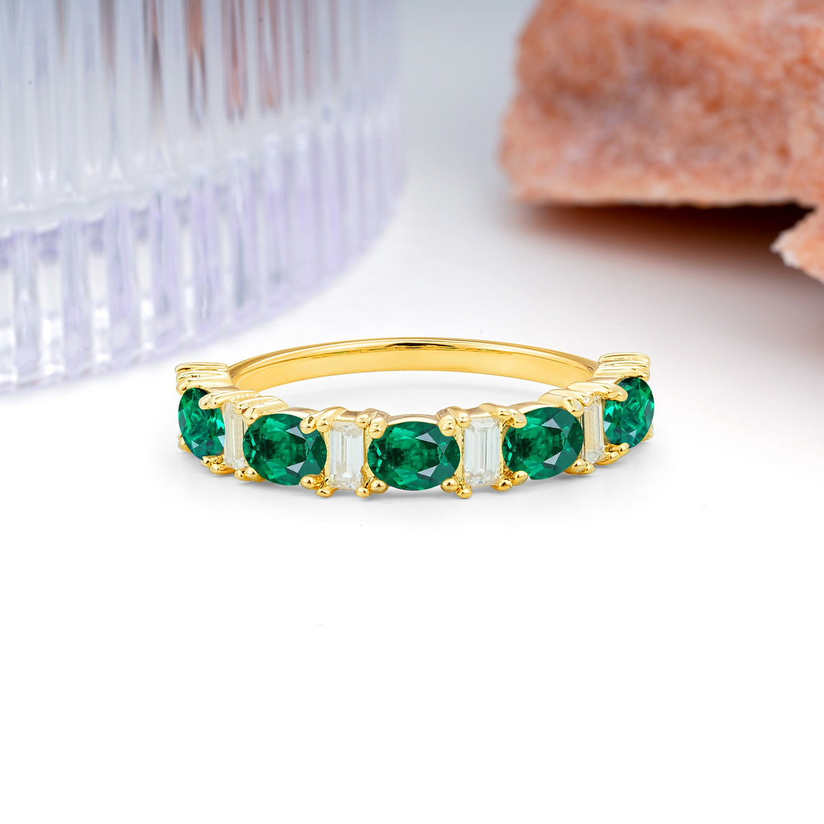 Alternating Round Cut Emerald Half‑Eternity Stackable Wedding Ring - Additional view