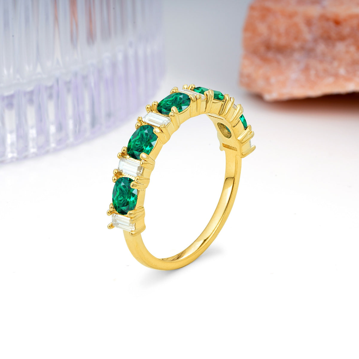 Alternating Round Cut Emerald Half‑Eternity Stackable Wedding Ring - Additional view