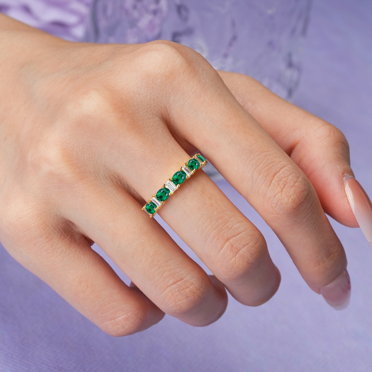 Alternating Round Cut Emerald Half‑Eternity Stackable Wedding Ring - Additional view
