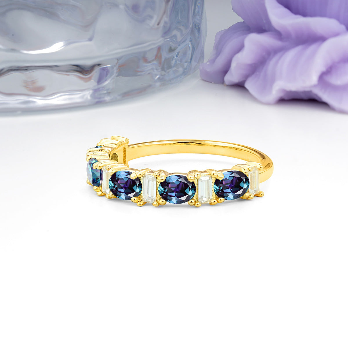 Alternating Round Cut Alexandrite Half‑Eternity Stackable Wedding Ring - Additional view