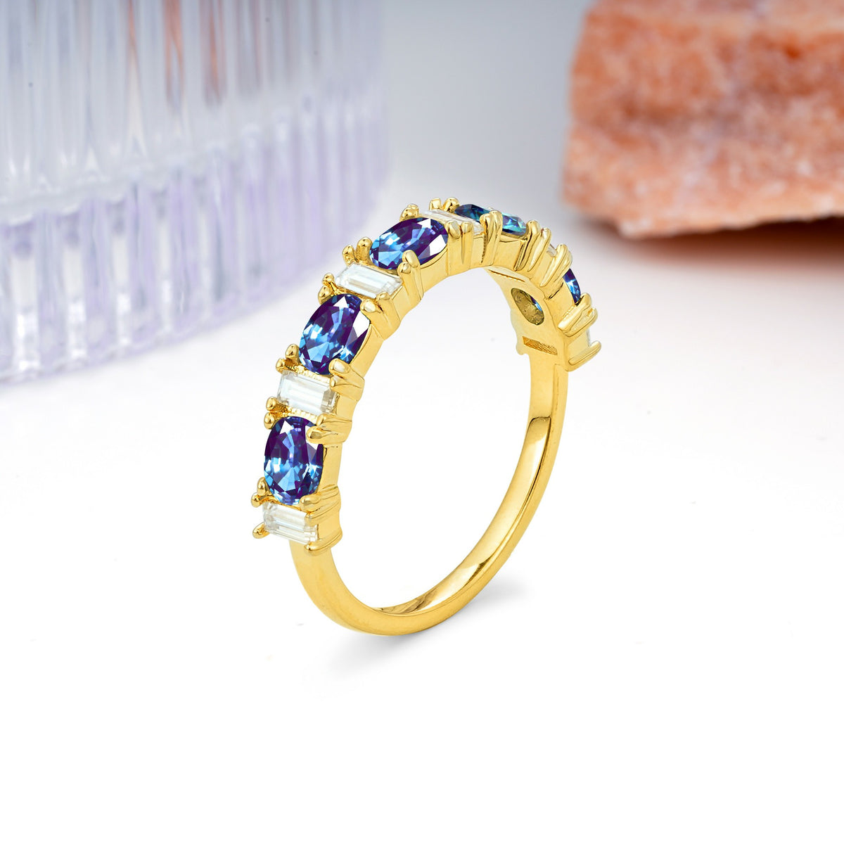 Alternating Round Cut Alexandrite Half‑Eternity Stackable Wedding Ring - Additional view