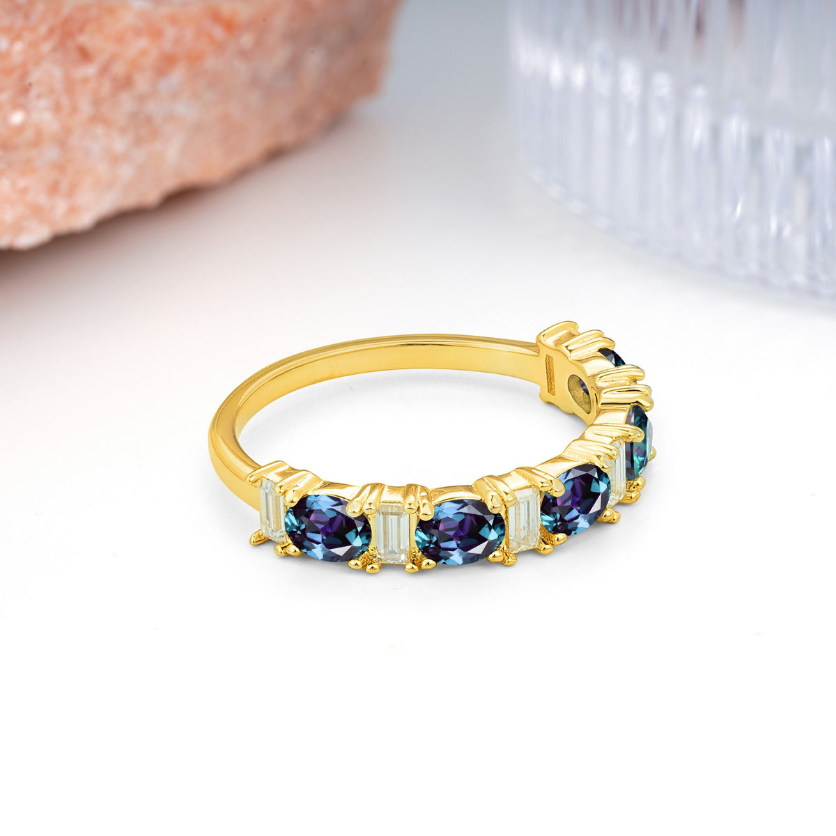 Alternating Round Cut Alexandrite Half‑Eternity Stackable Wedding Ring - Additional view