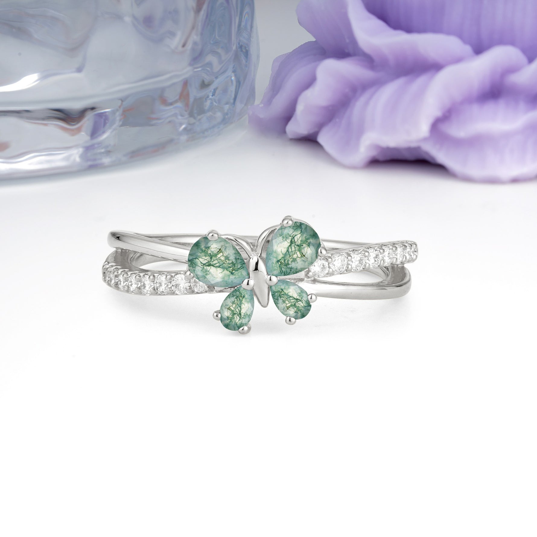 Luminescent Butterfly‑Wing Pear Cut Open‑Shank Moss Agate Wedding Ring - Additional view