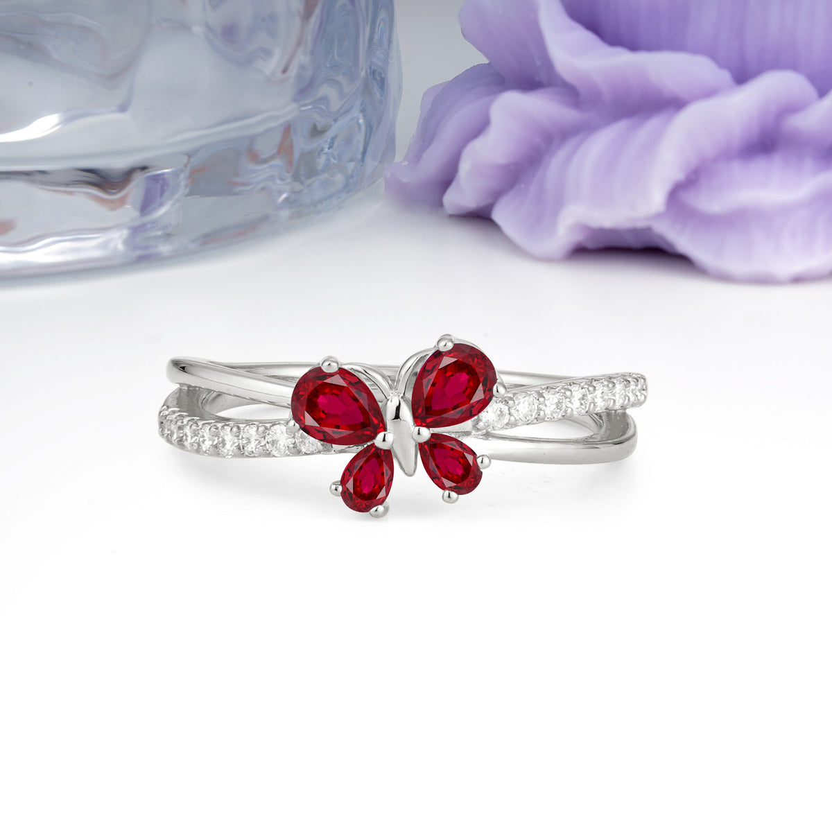 Luminescent Butterfly‑Wing Pear Cut Open‑Shank Ruby Wedding Ring - Additional view