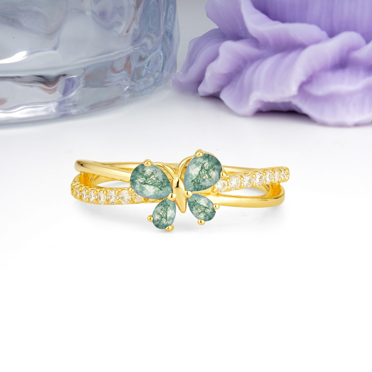 Luminescent Butterfly‑Wing Pear Cut Open‑Shank Moss Agate Wedding Ring - Additional view