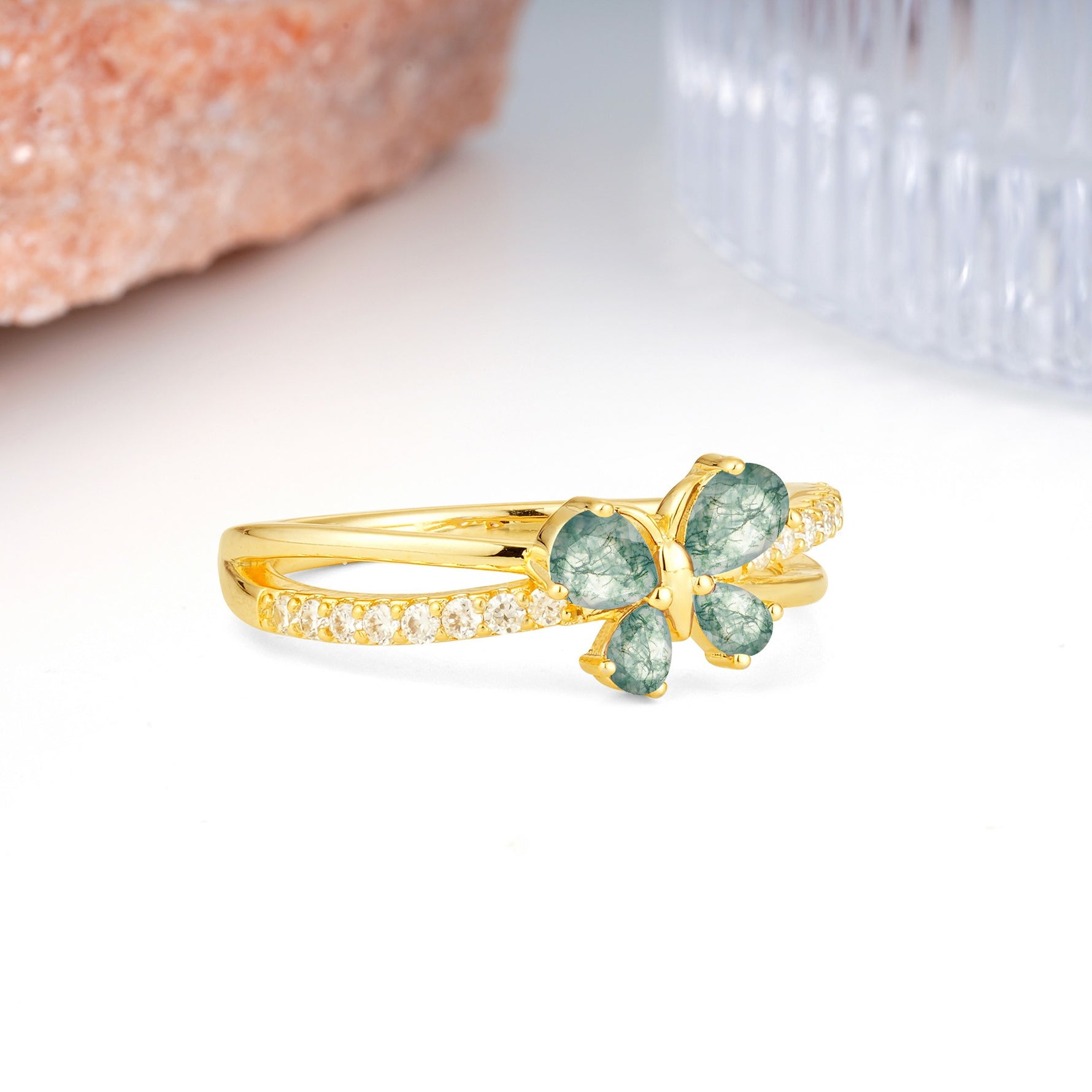 Luminescent Butterfly‑Wing Pear Cut Open‑Shank Moss Agate Wedding Ring - Additional view