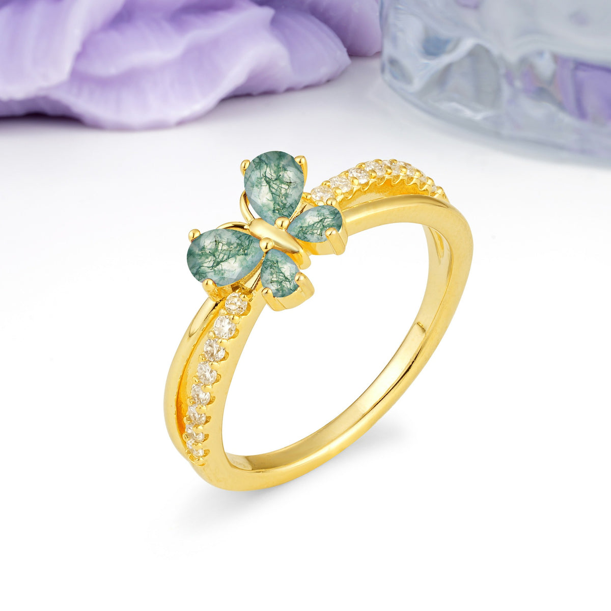 Luminescent Butterfly‑Wing Pear Cut Open‑Shank Moss Agate Wedding Ring - Additional view