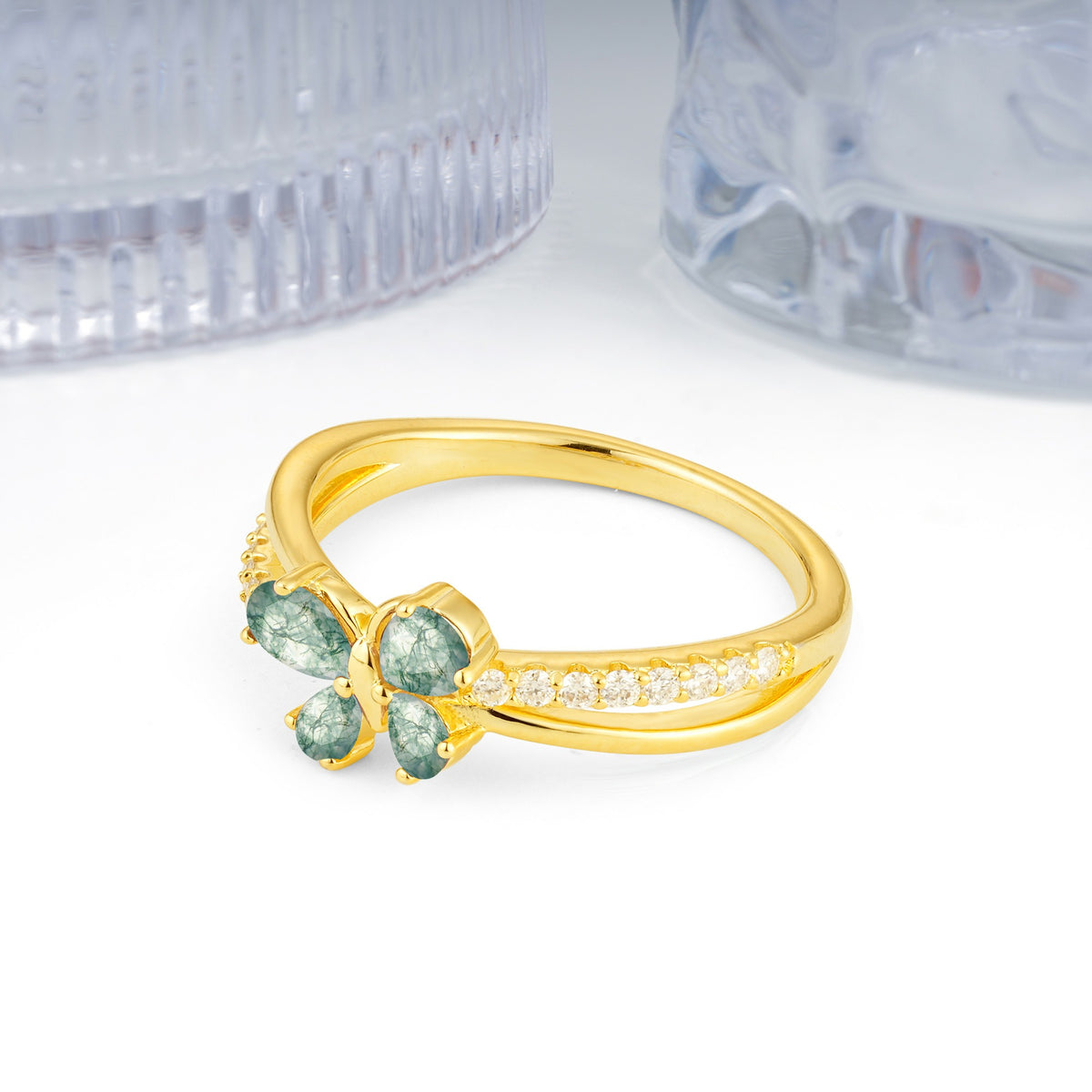 Luminescent Butterfly‑Wing Pear Cut Open‑Shank Moss Agate Wedding Ring - Additional view