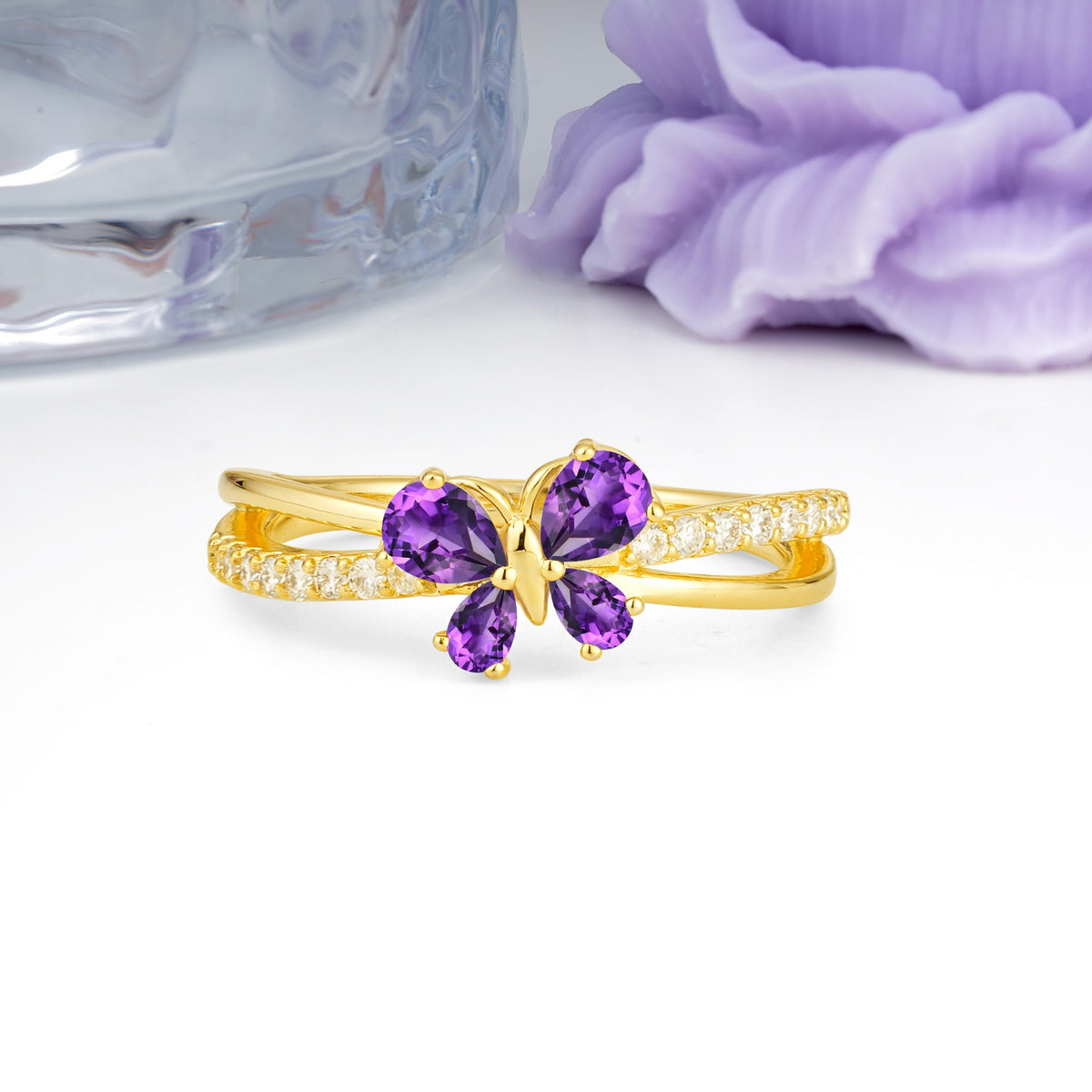 Luminescent Butterfly‑Wing Pear Cut Open‑Shank Amethyst Wedding Ring - Additional view