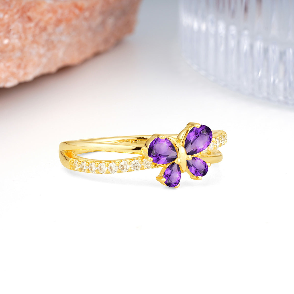 Luminescent Butterfly‑Wing Pear Cut Open‑Shank Amethyst Wedding Ring - Additional view