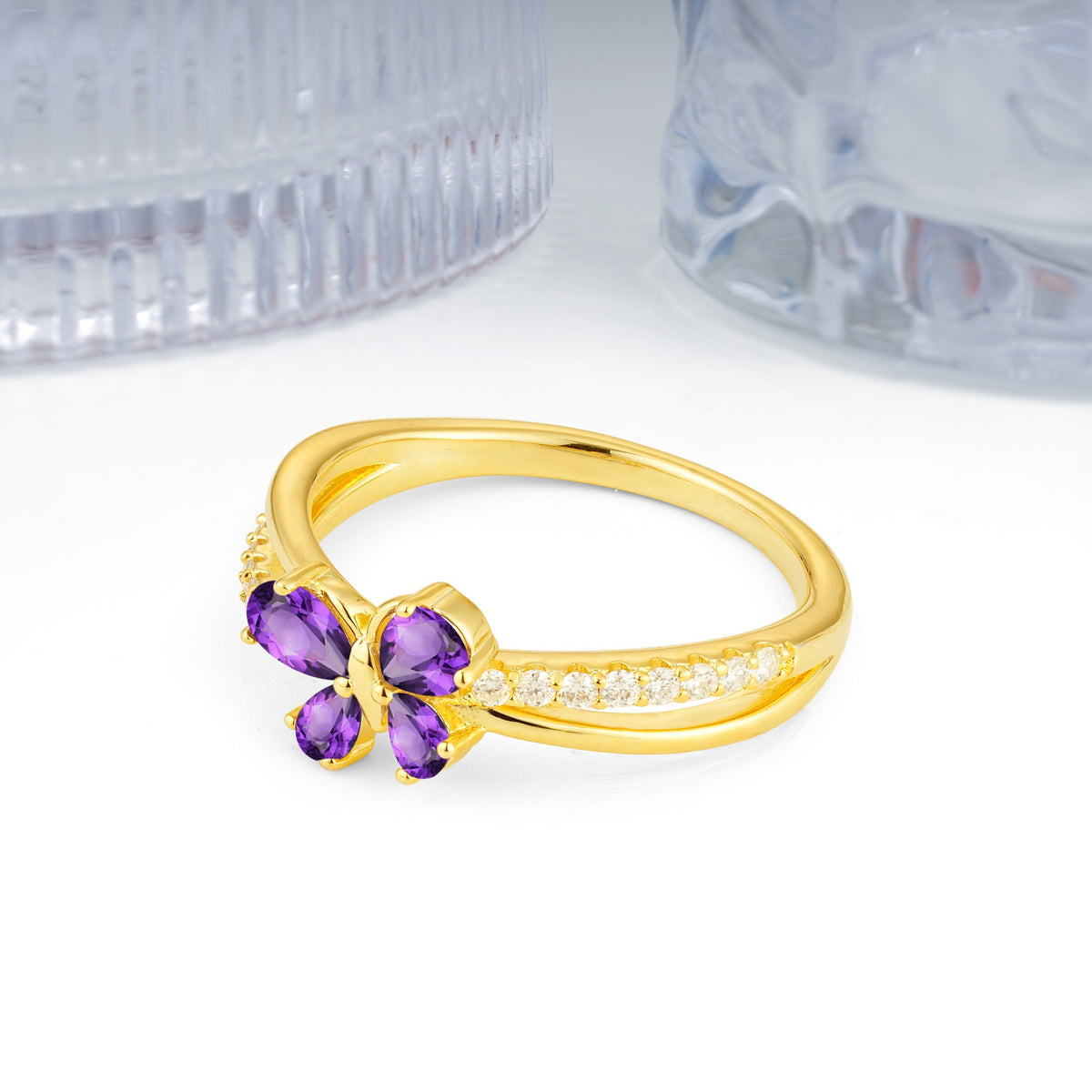 Luminescent Butterfly‑Wing Pear Cut Open‑Shank Amethyst Wedding Ring - Additional view